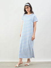 Women Blue & White Stripes Short Sleeves T-Shirt Maxi Dress