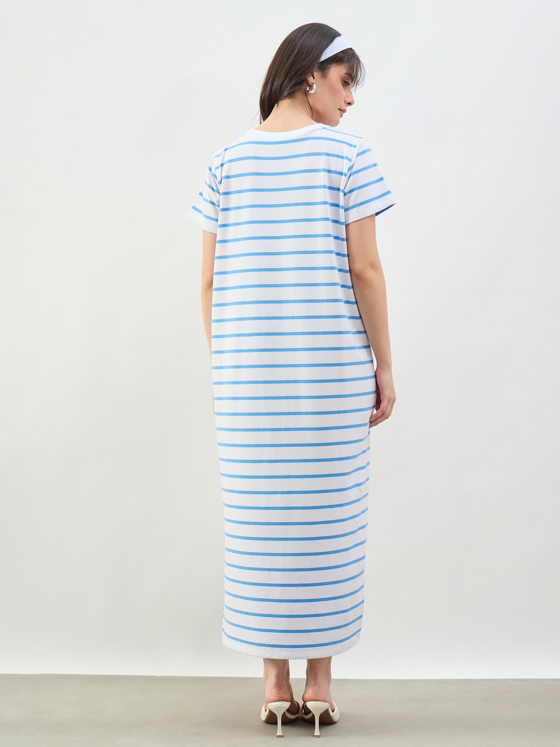 Women Blue & White Stripes Short Sleeves T-Shirt Maxi Dress