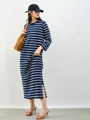 Women Navy & White Stripes Long Sleeves T-Shirt Maxi Dress