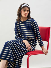 Women Navy & White Stripes Long Sleeves T-Shirt Maxi Dress