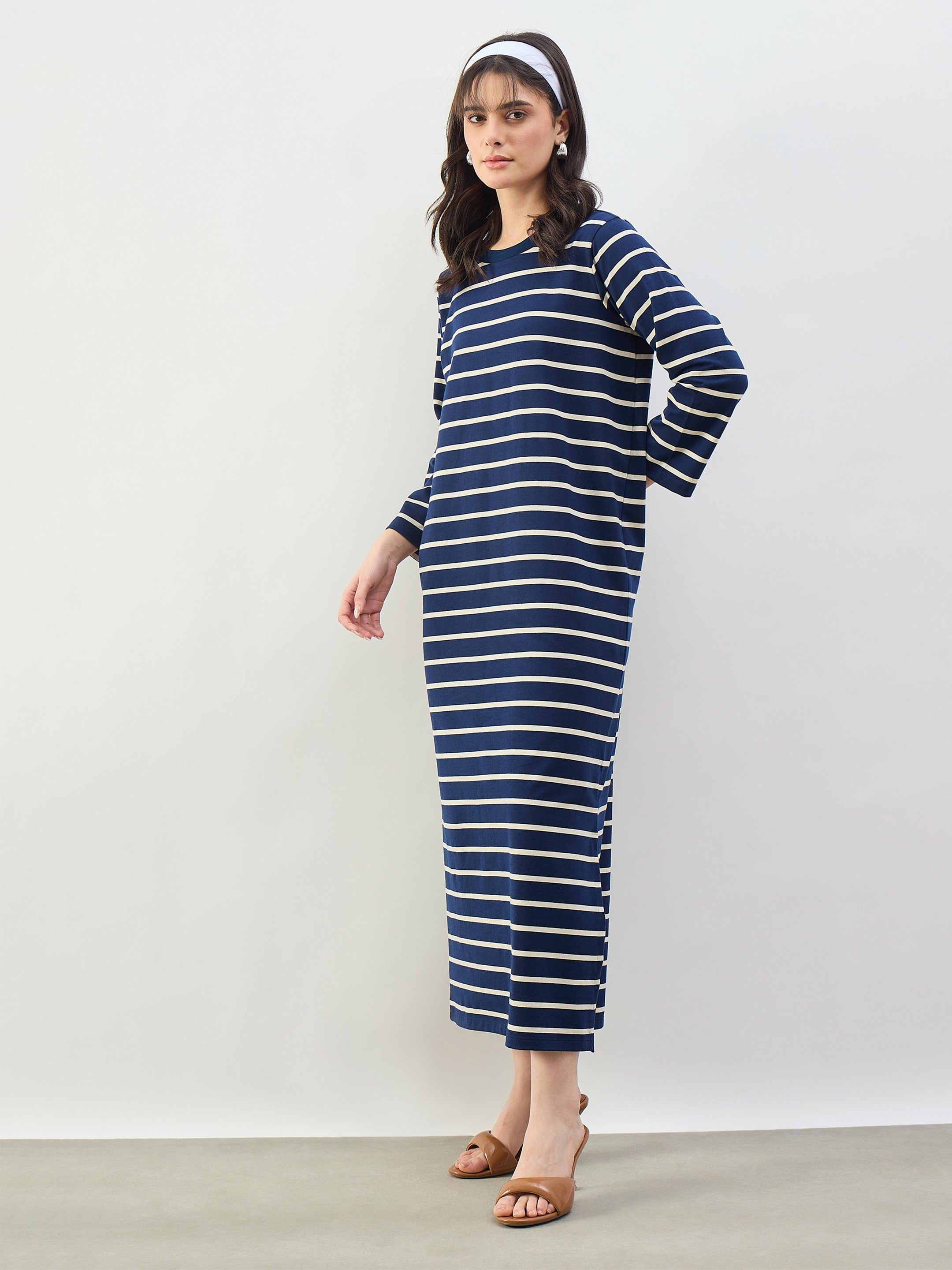 Women Navy & White Stripes Long Sleeves T-Shirt Maxi Dress