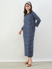 Women Navy & White Stripes Long Sleeves T-Shirt Maxi Dress