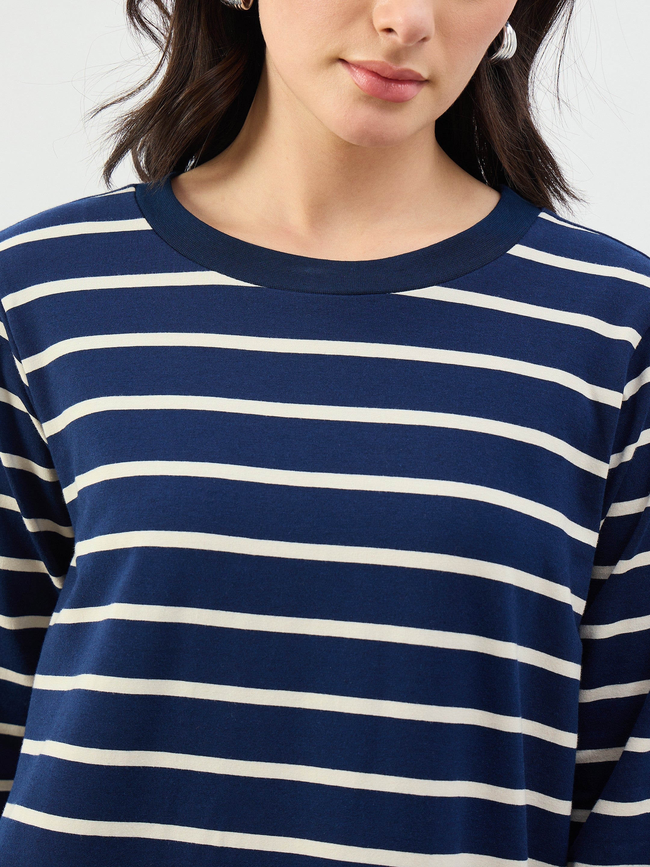 Women Navy & White Stripes Long Sleeves T-Shirt Maxi Dress
