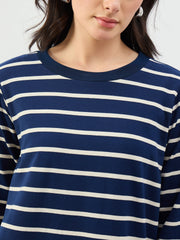 Women Navy & White Stripes Long Sleeves T-Shirt Maxi Dress