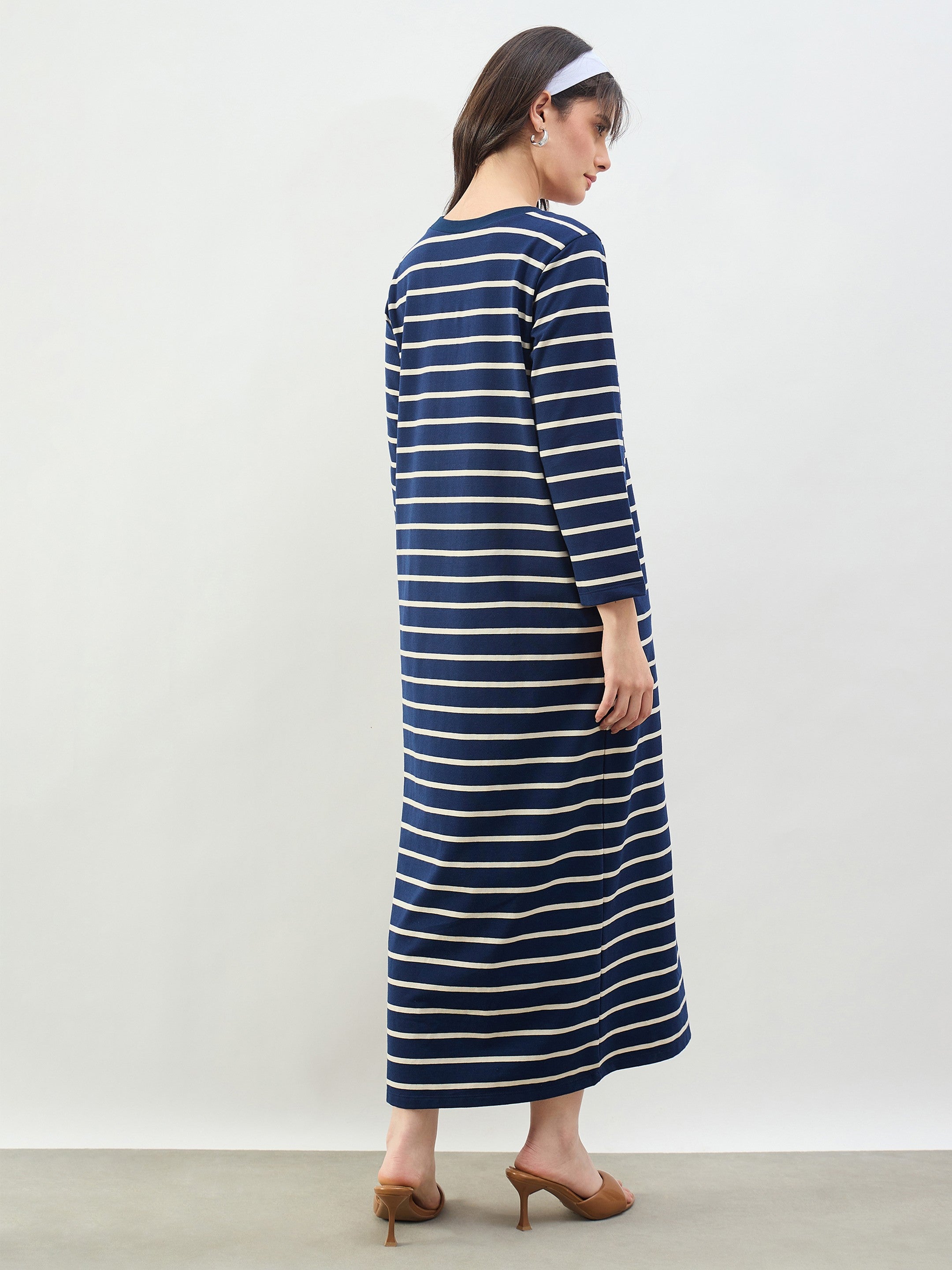 Women Navy & White Stripes Long Sleeves T-Shirt Maxi Dress