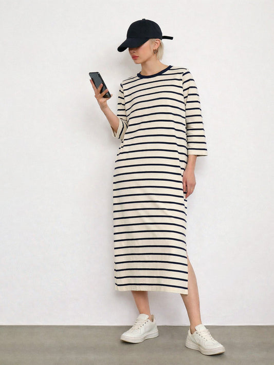 Women Beige & Navy Stripes Long Sleeves T-Shirt Maxi Dress