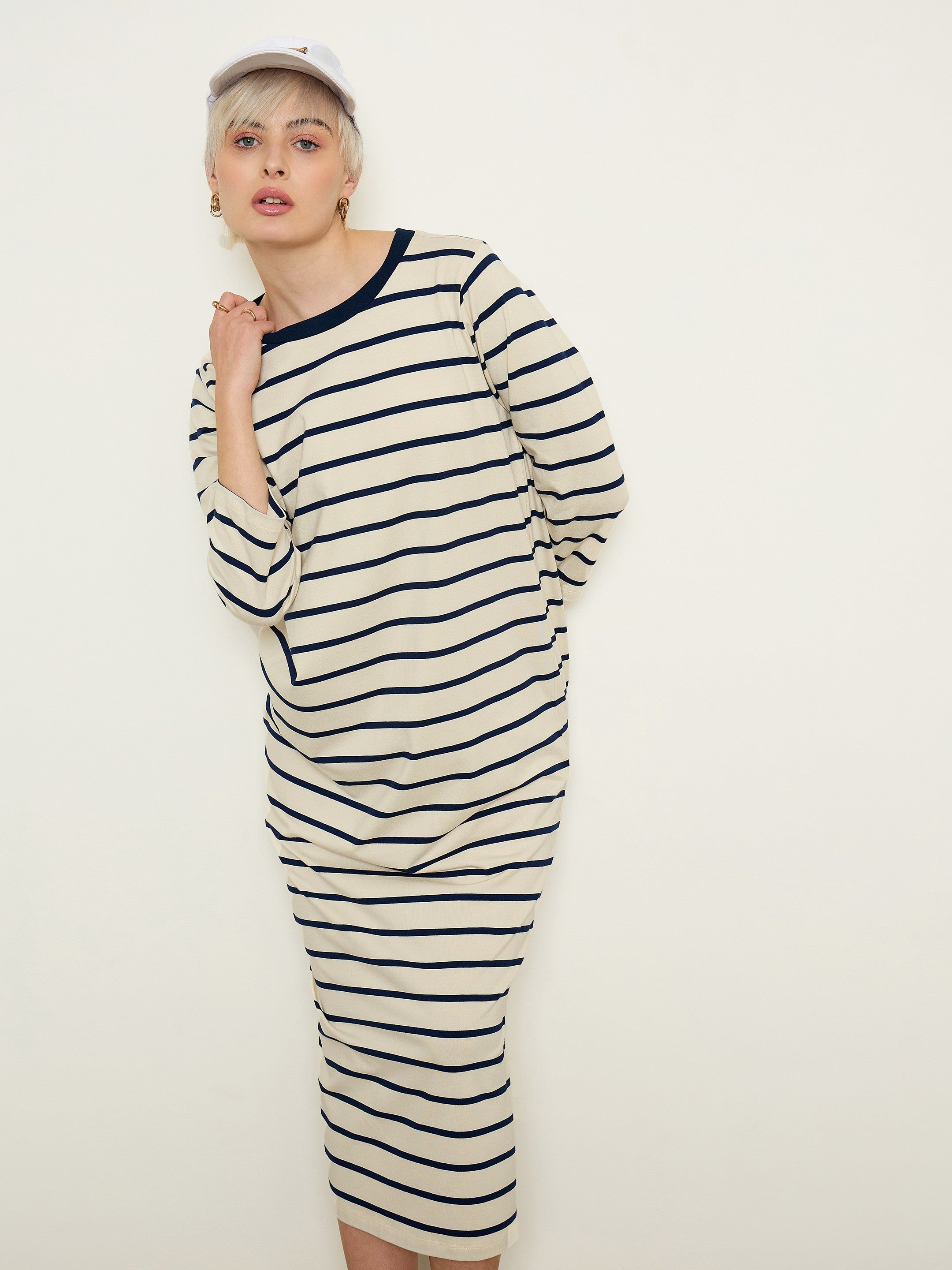 Women Beige & Navy Stripes Long Sleeves T-Shirt Maxi Dress