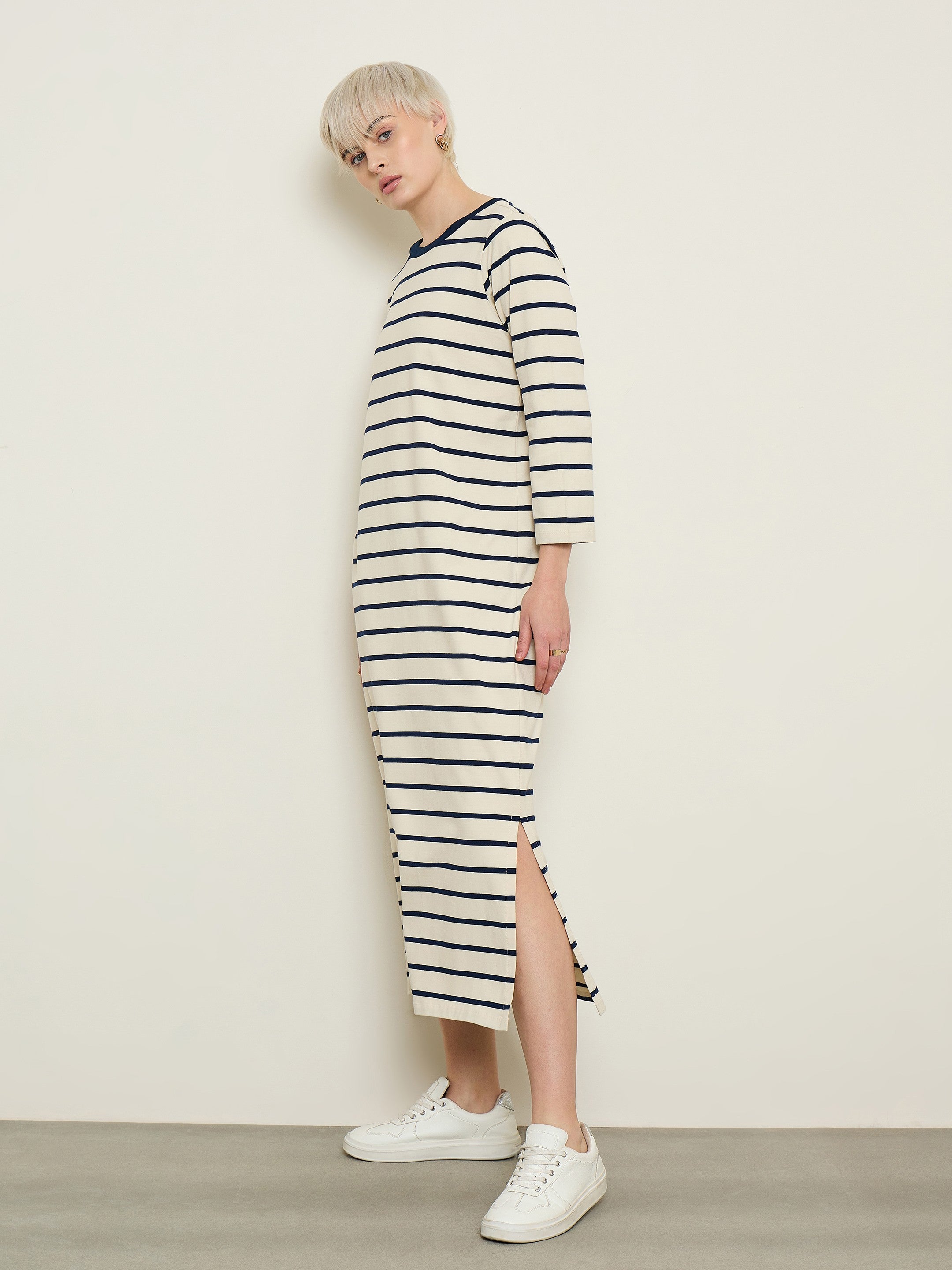 Women Beige & Navy Stripes Long Sleeves T-Shirt Maxi Dress