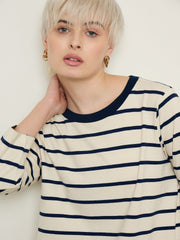 Women Beige & Navy Stripes Long Sleeves T-Shirt Maxi Dress