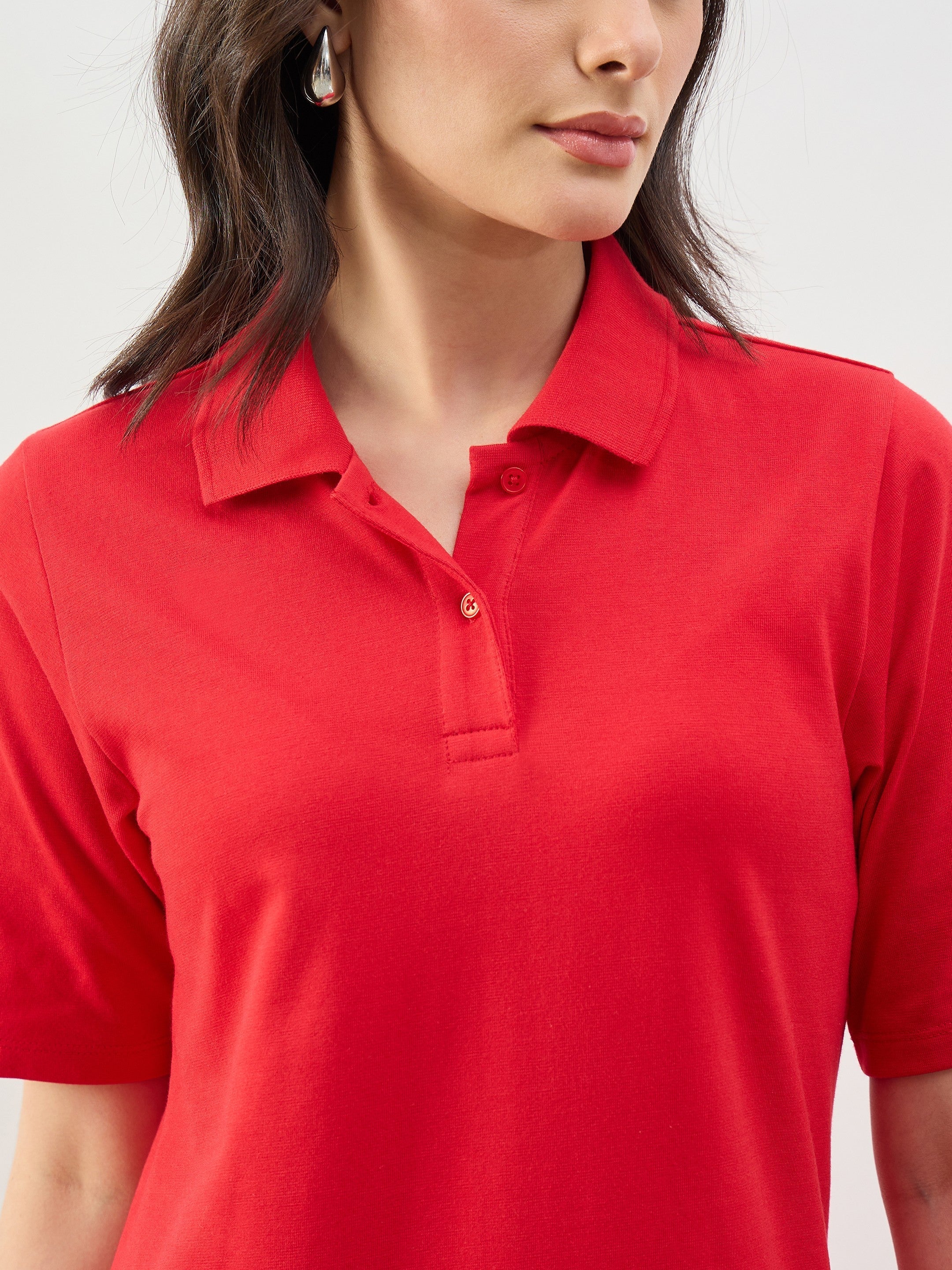 Women Red Oversized Polo Neck T-Shirt Dress