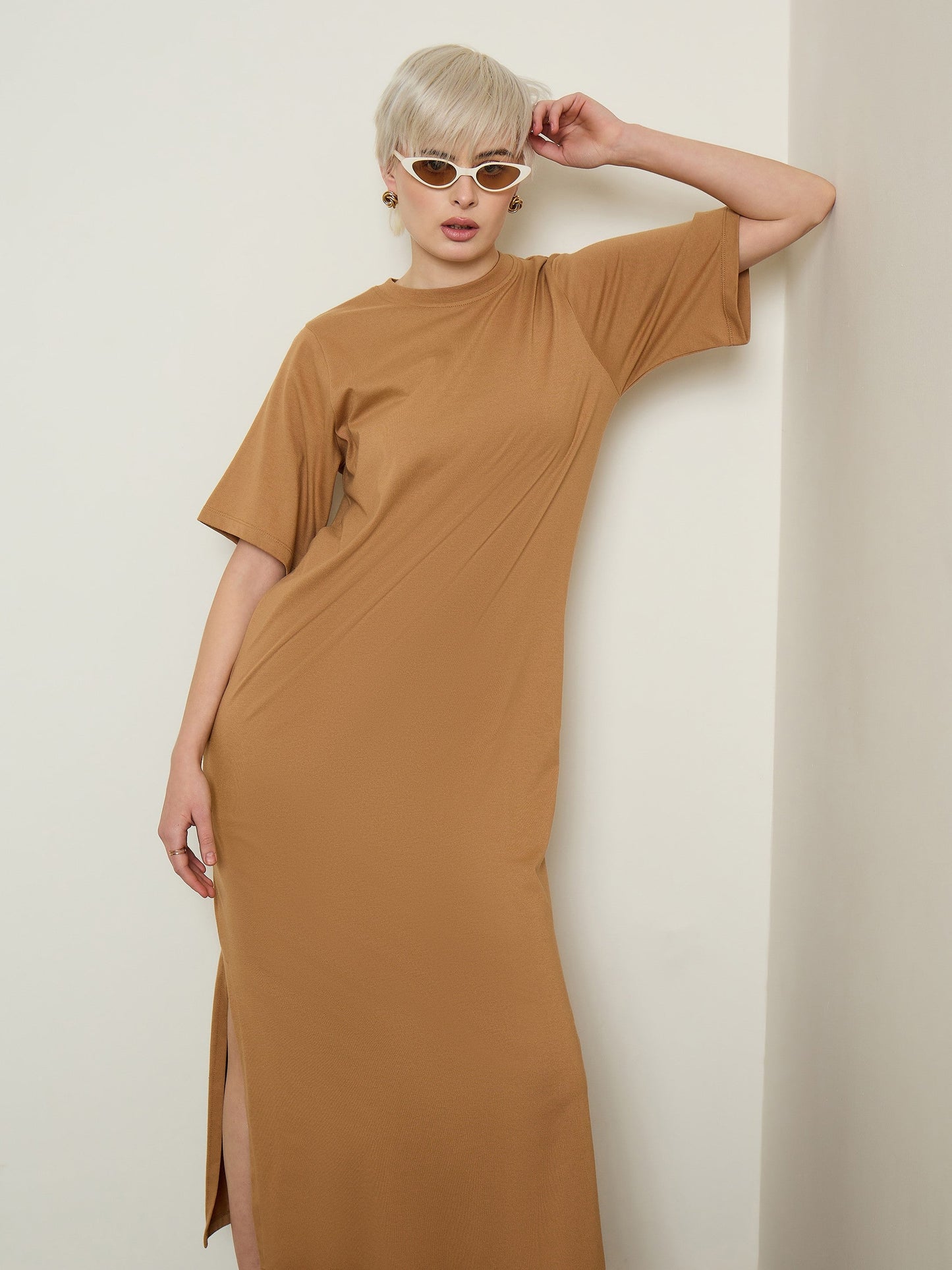 Tan Oversized Round Neck T Shirt Maxi Dress SASSAFRAS BASICS