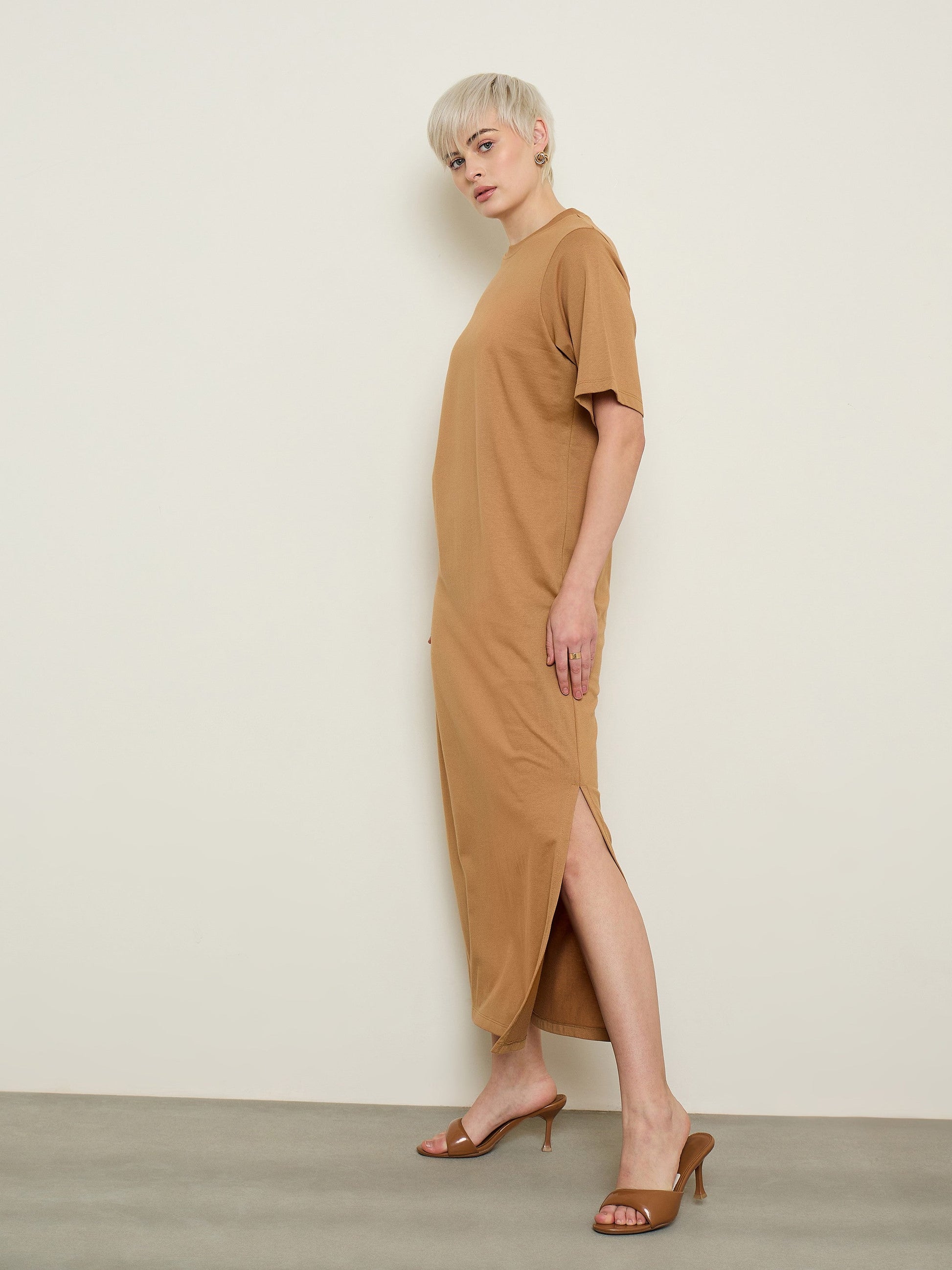Tan Oversized Round Neck T Shirt Maxi Dress SASSAFRAS BASICS