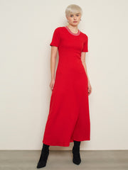 Red Short Sleeves Striped Ribbed Neck Maxi Dress SASSAFRAS BASICS