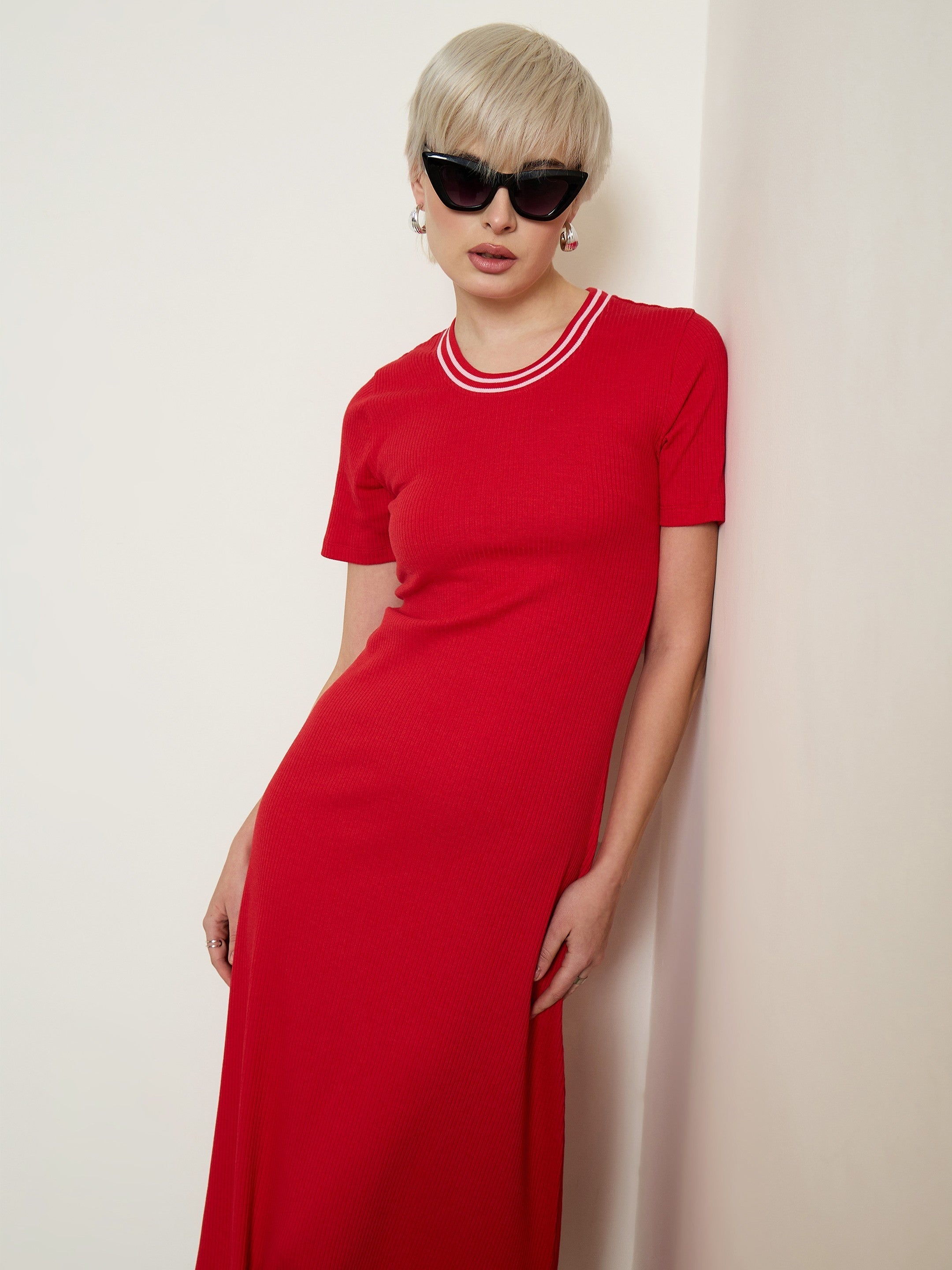 Red Short Sleeves Striped Ribbed Neck Maxi Dress SASSAFRAS BASICS