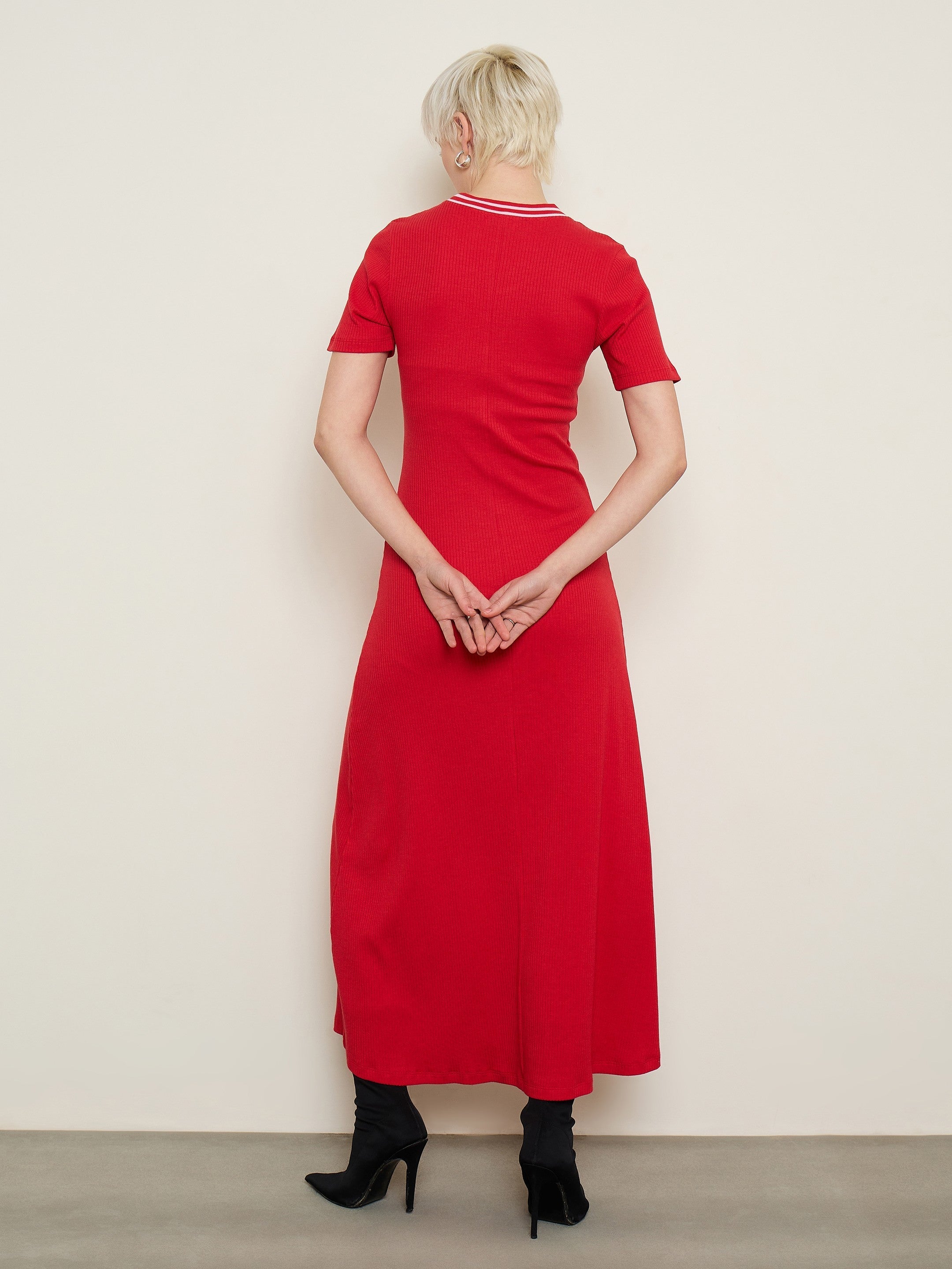 Red Short Sleeves Striped Ribbed Neck Maxi Dress SASSAFRAS BASICS