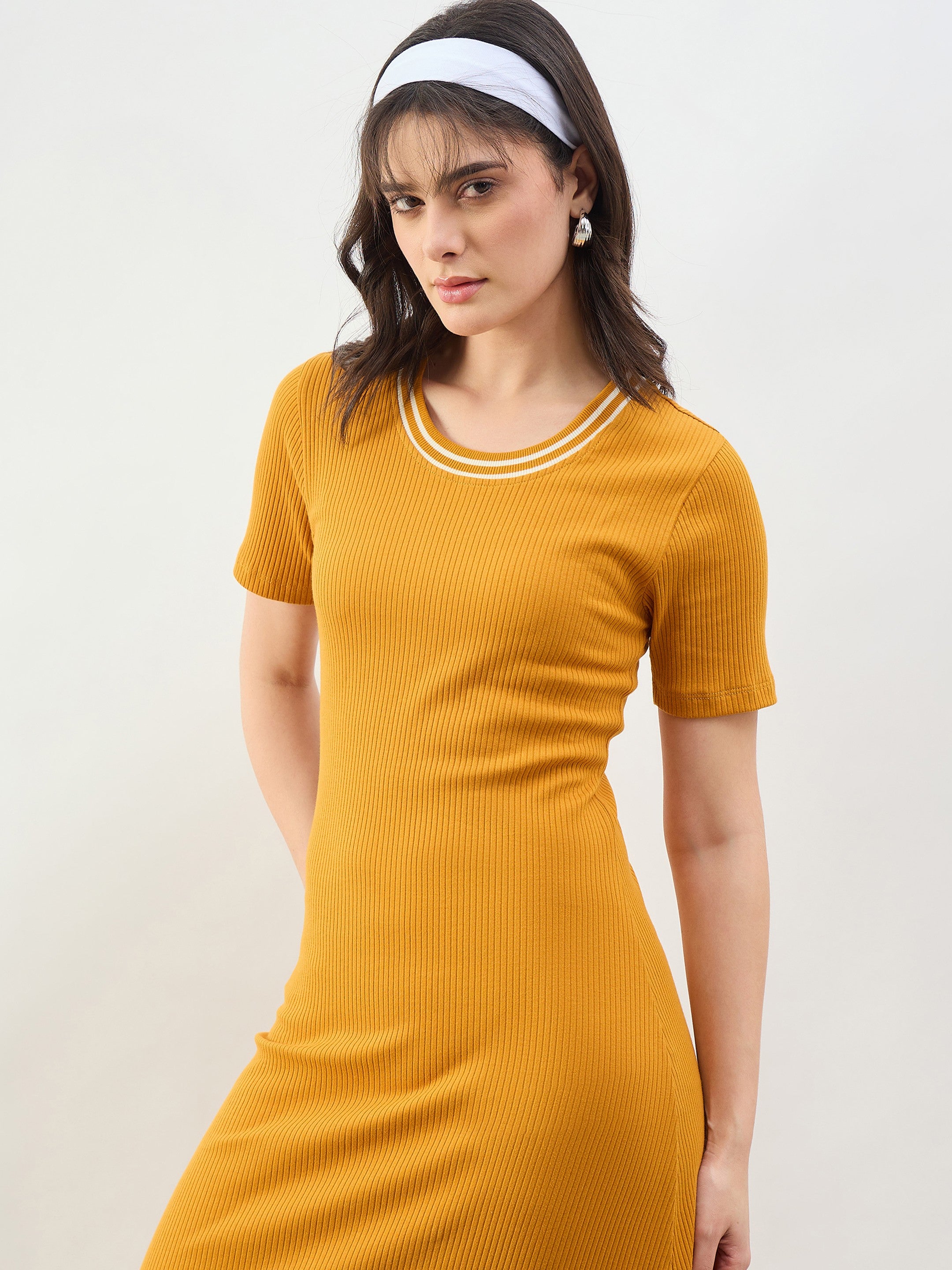 Mustard Short Sleeves Striped Ribbed Neck Maxi Dress SASSAFRAS BASICS