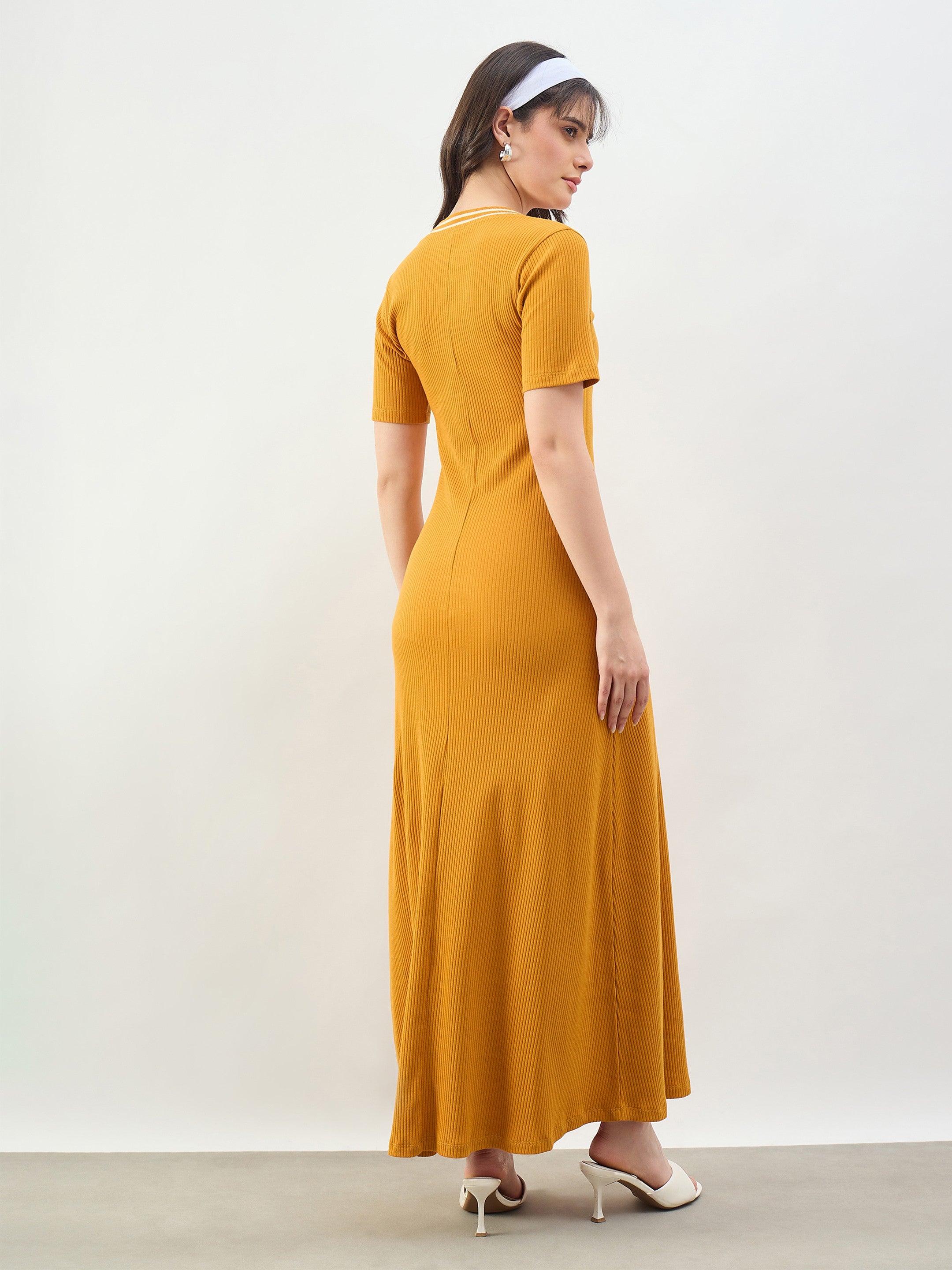 Mustard Short Sleeves Striped Ribbed Neck Maxi Dress SASSAFRAS BASICS