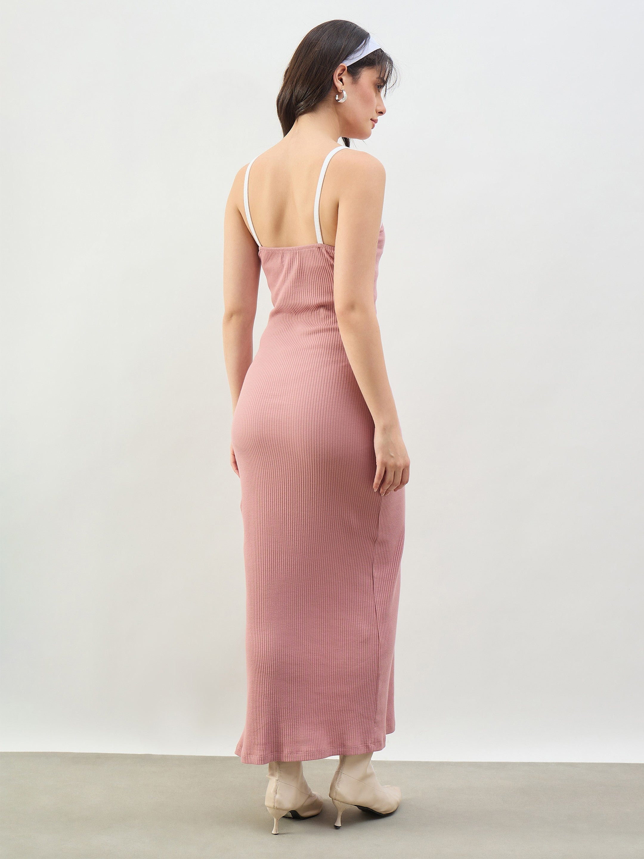 Pink Rib Contrast Piping Detail Strappy Maxi Dress SASSAFRAS BASICS