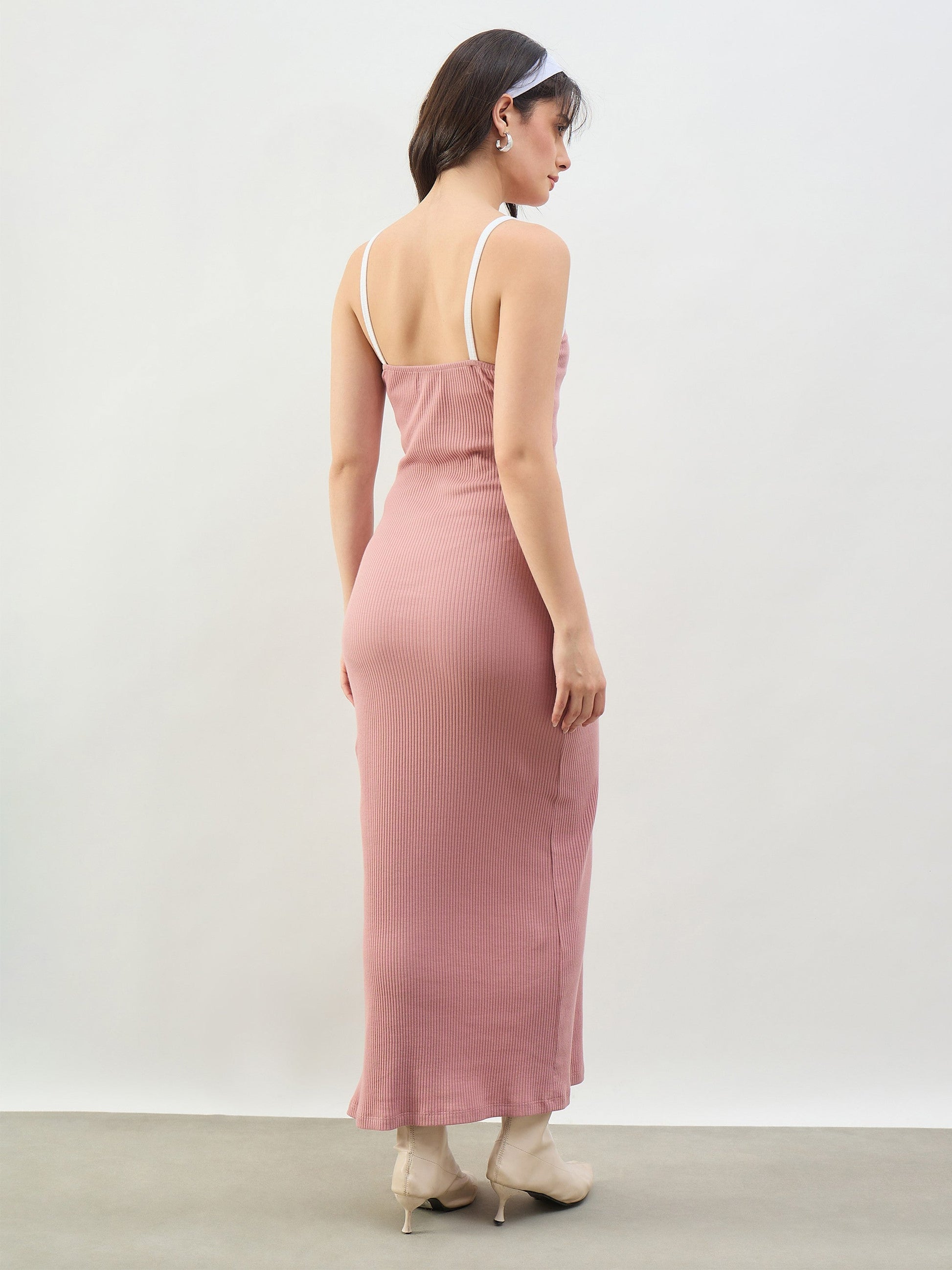 Pink Rib Contrast Piping Detail Strappy Maxi Dress SASSAFRAS BASICS