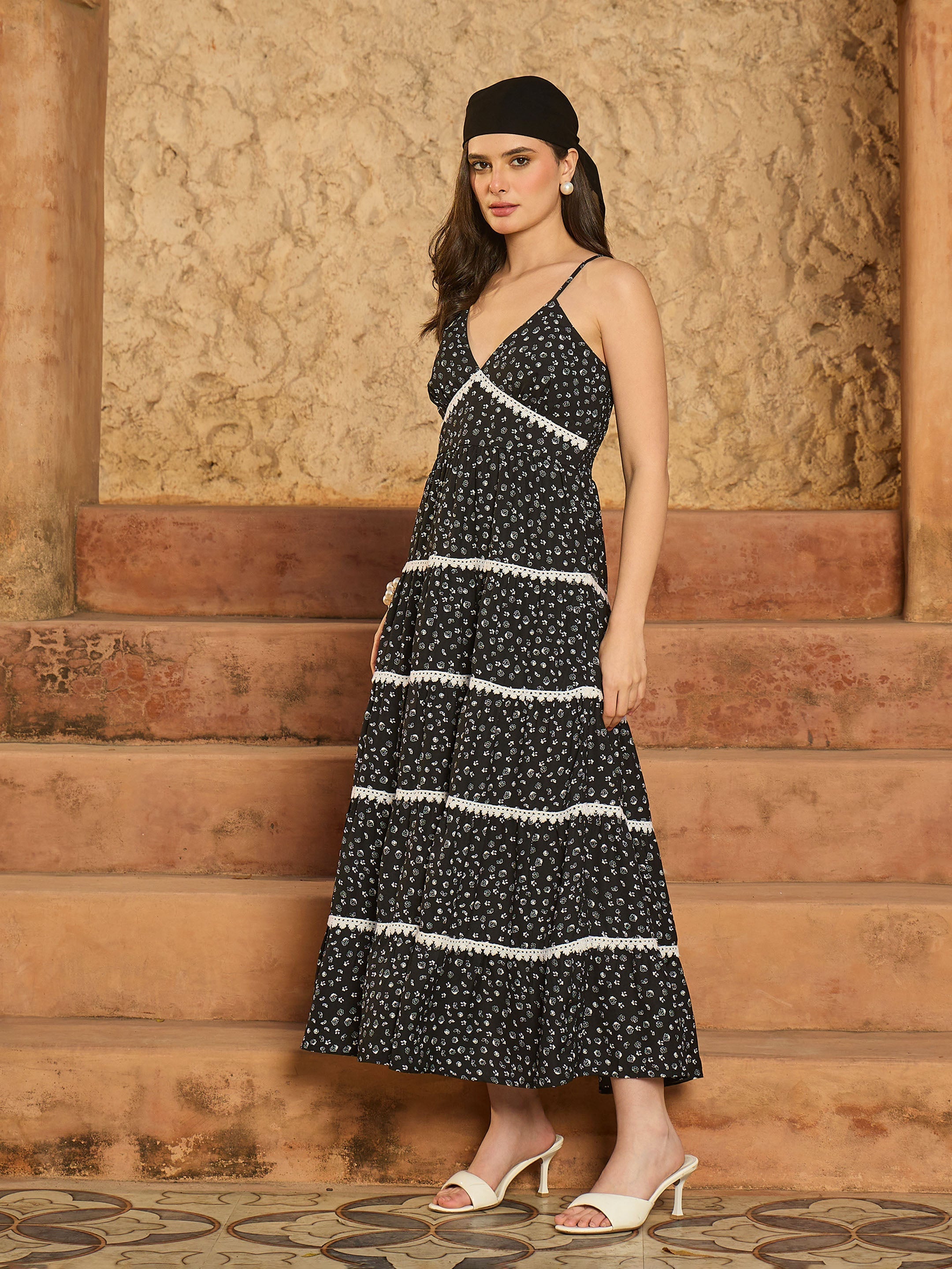 Women Black Ditsy Floral Strappy Tiered Maxi Dress