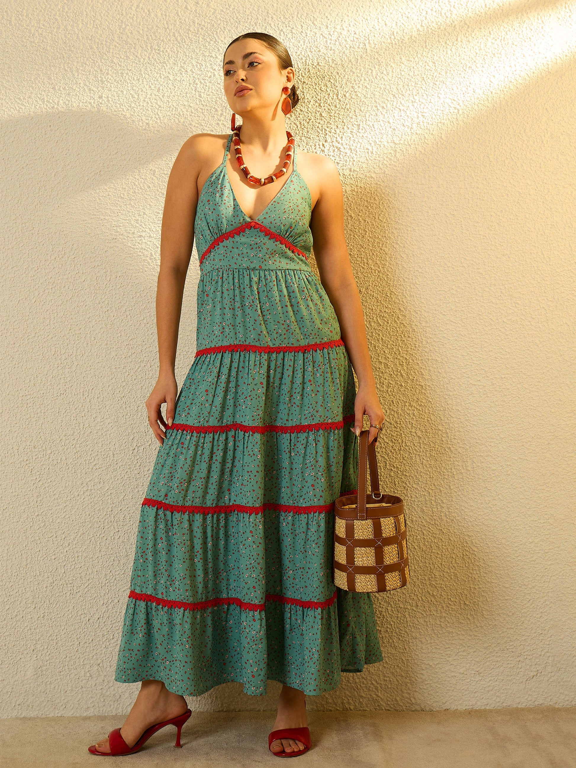 Women Turquoise Blue Ditsy Floral Strappy Tiered Maxi Dress