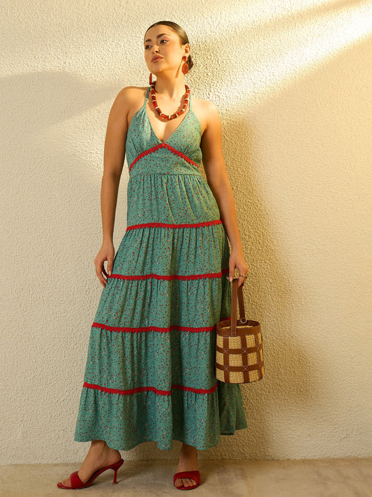Women Turquoise Blue Ditsy Floral Strappy Tiered Maxi Dress