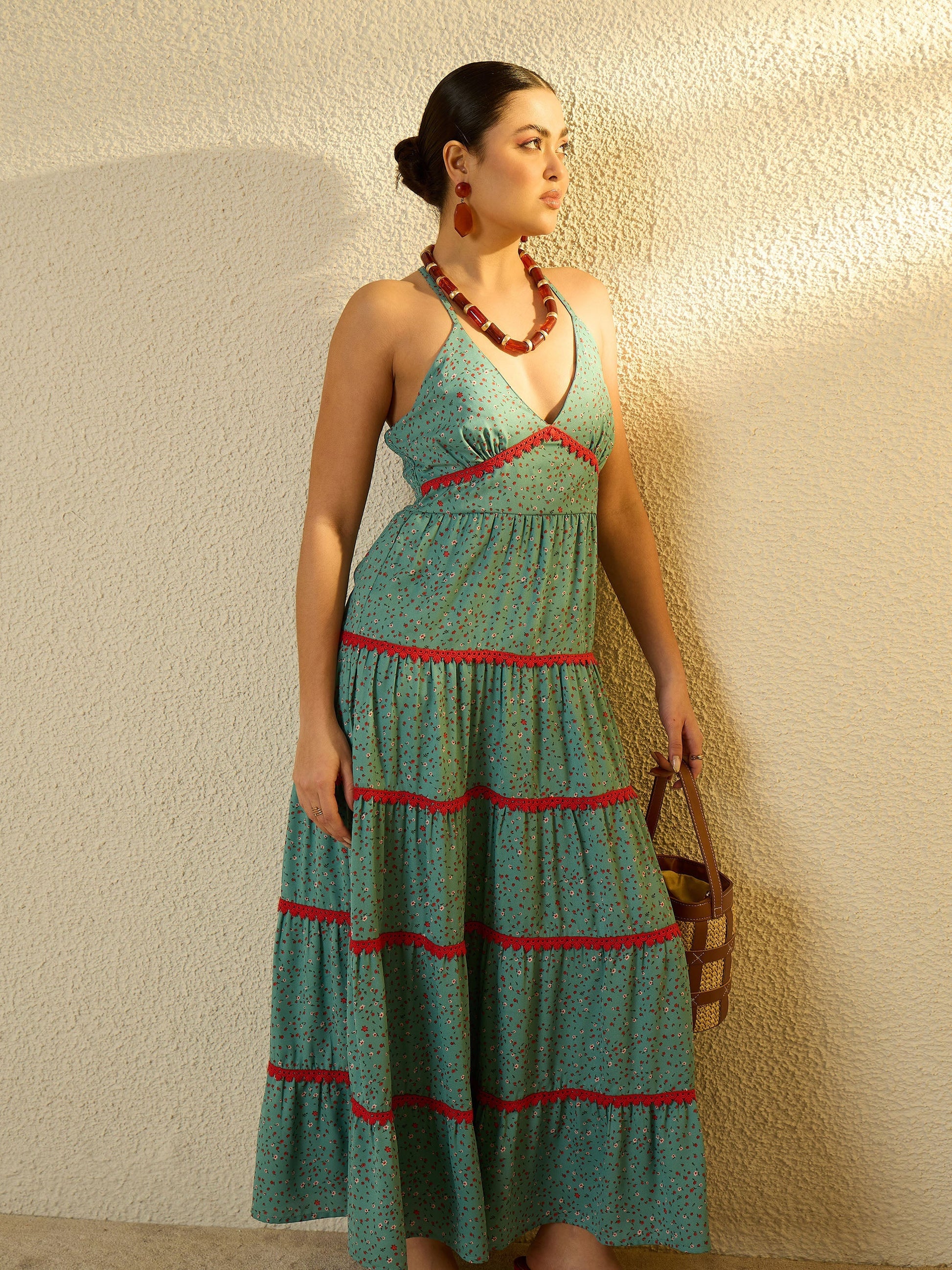 Women Turquoise Blue Ditsy Floral Strappy Tiered Maxi Dress