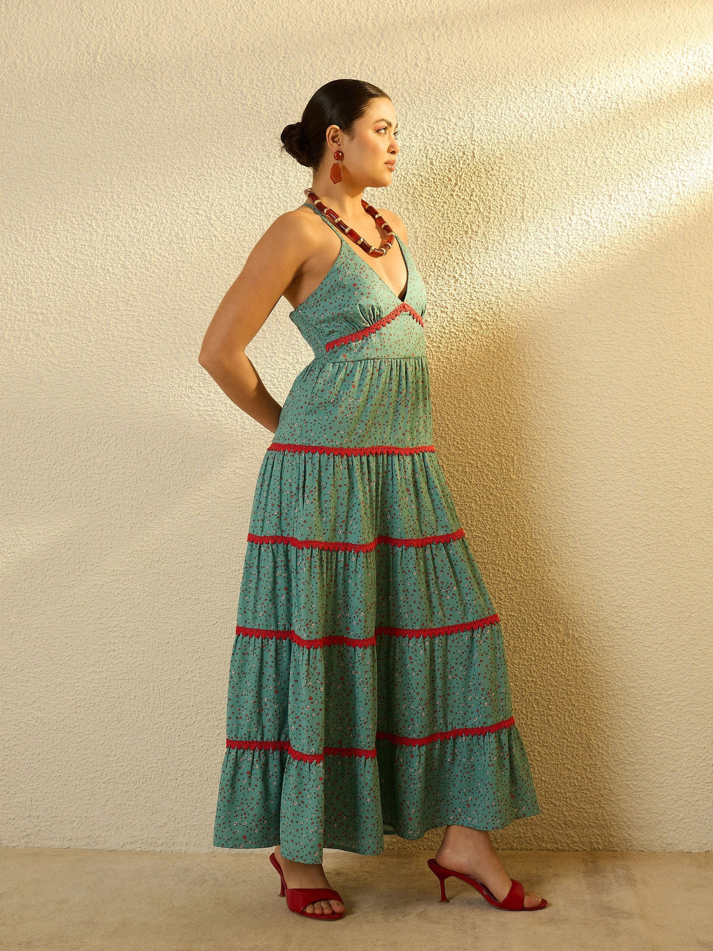 Women Turquoise Blue Ditsy Floral Strappy Tiered Maxi Dress