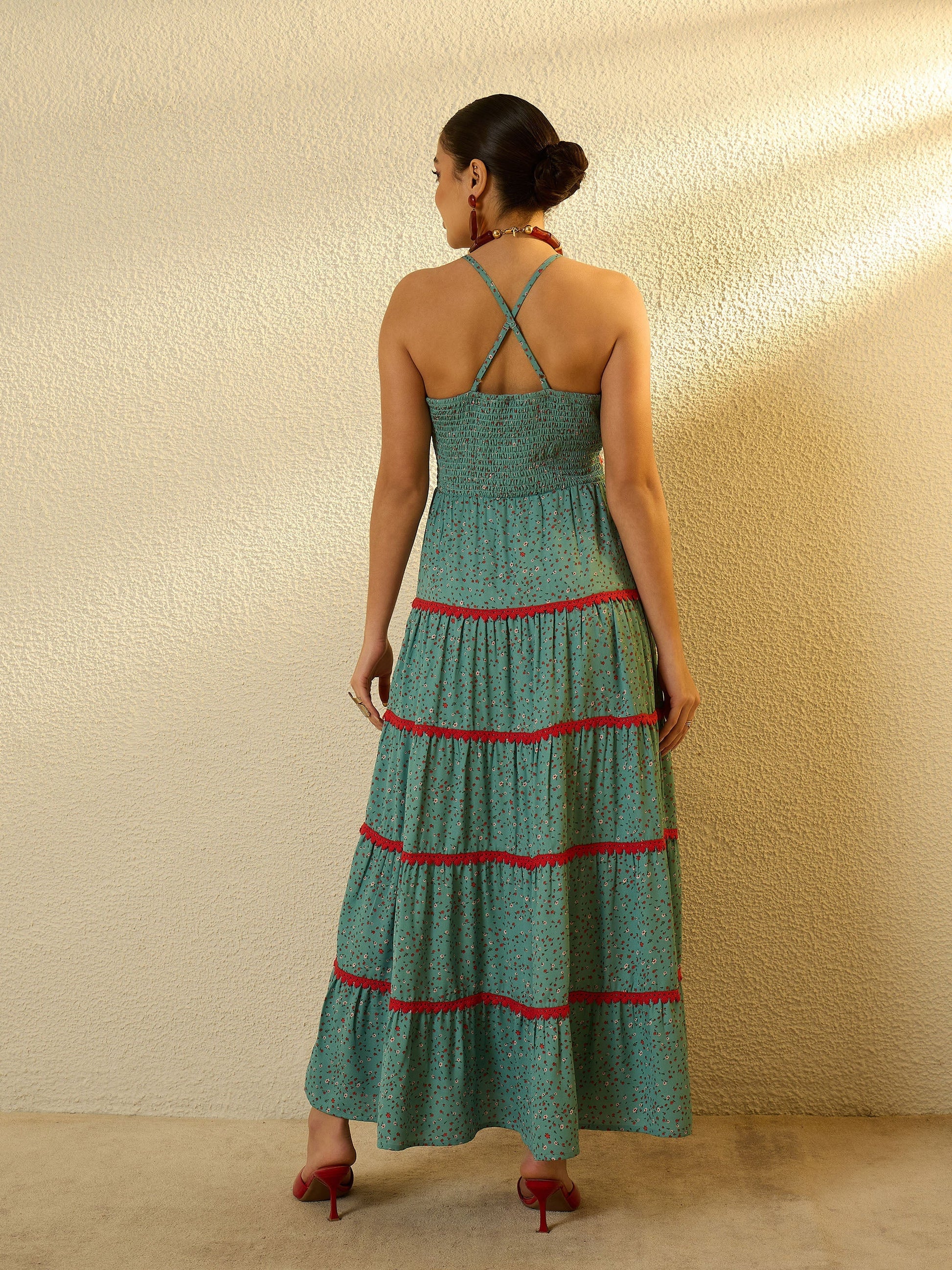Women Turquoise Blue Ditsy Floral Strappy Tiered Maxi Dress
