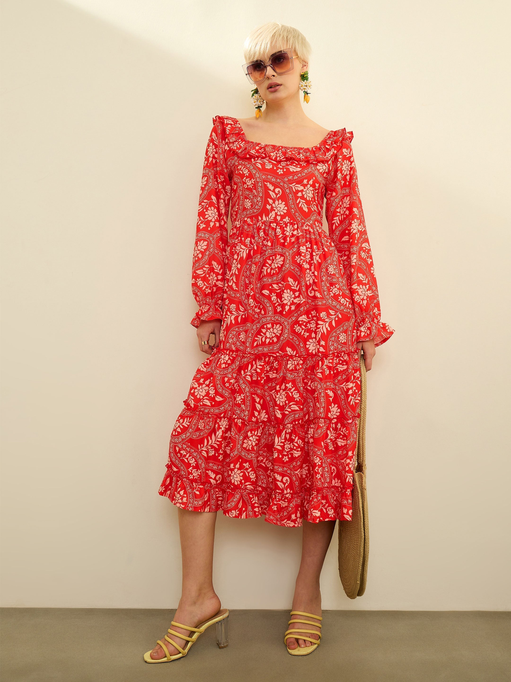 Orange Floral Square Neck Midi Dress SASSAFRAS