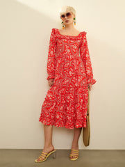 Orange Floral Square Neck Midi Dress SASSAFRAS