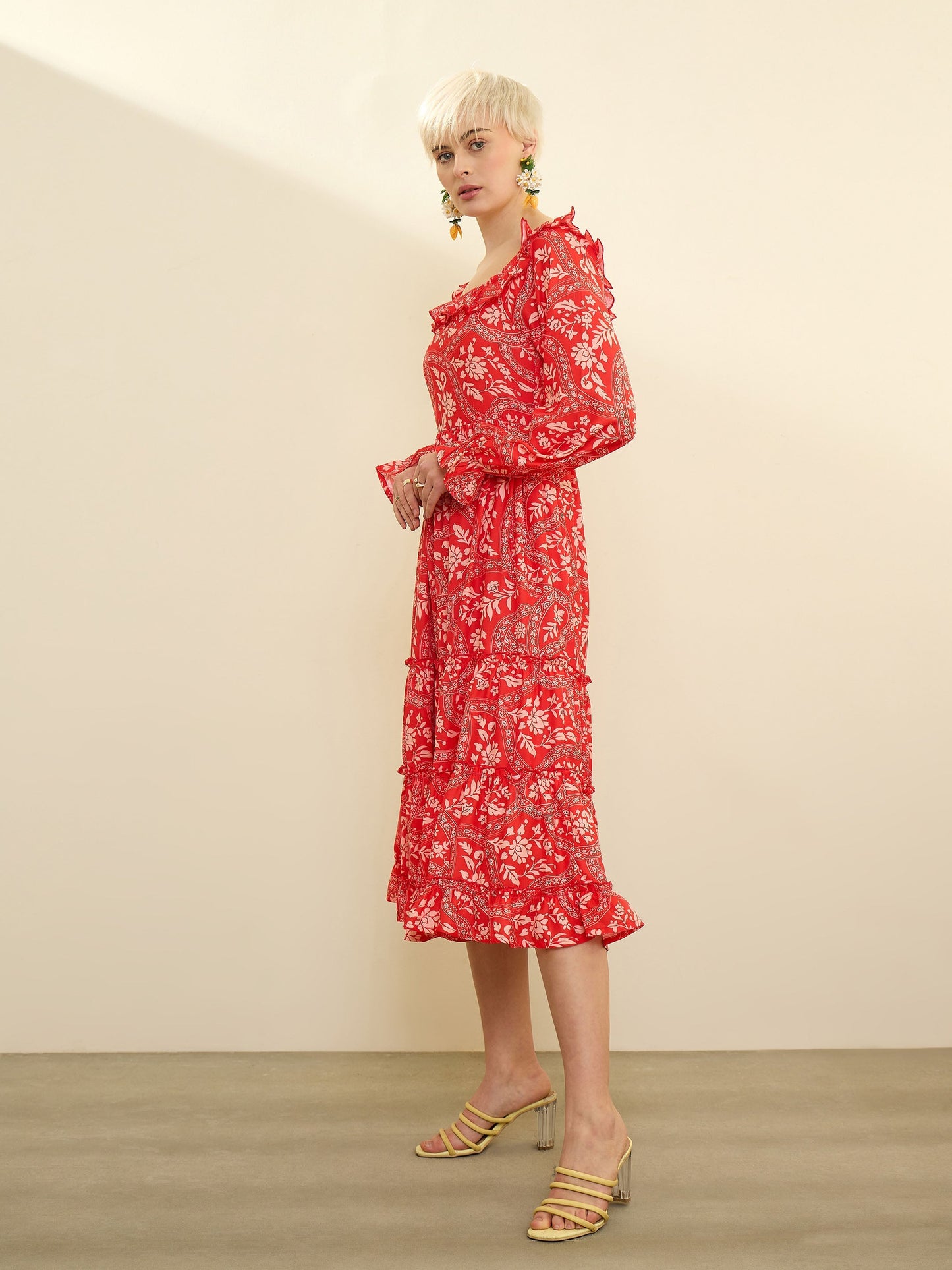 Orange Floral Square Neck Midi Dress SASSAFRAS