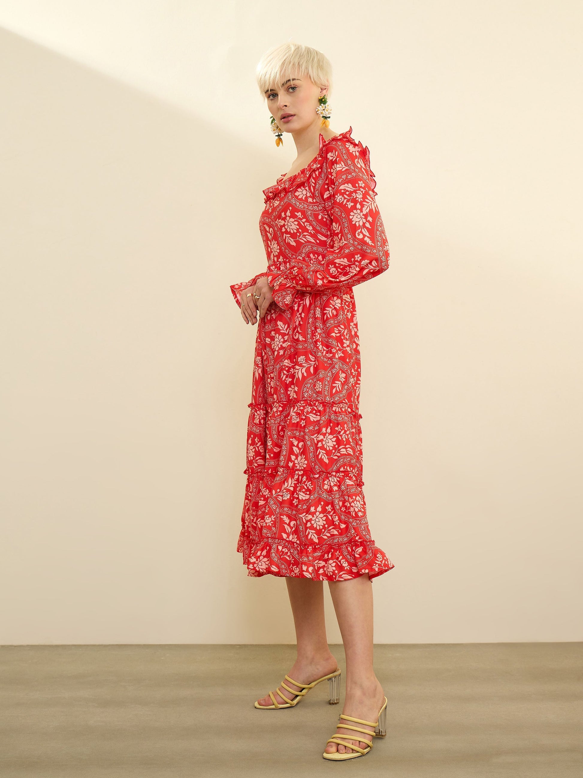 Orange Floral Square Neck Midi Dress SASSAFRAS