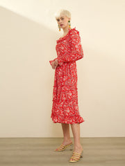 Orange Floral Square Neck Midi Dress SASSAFRAS