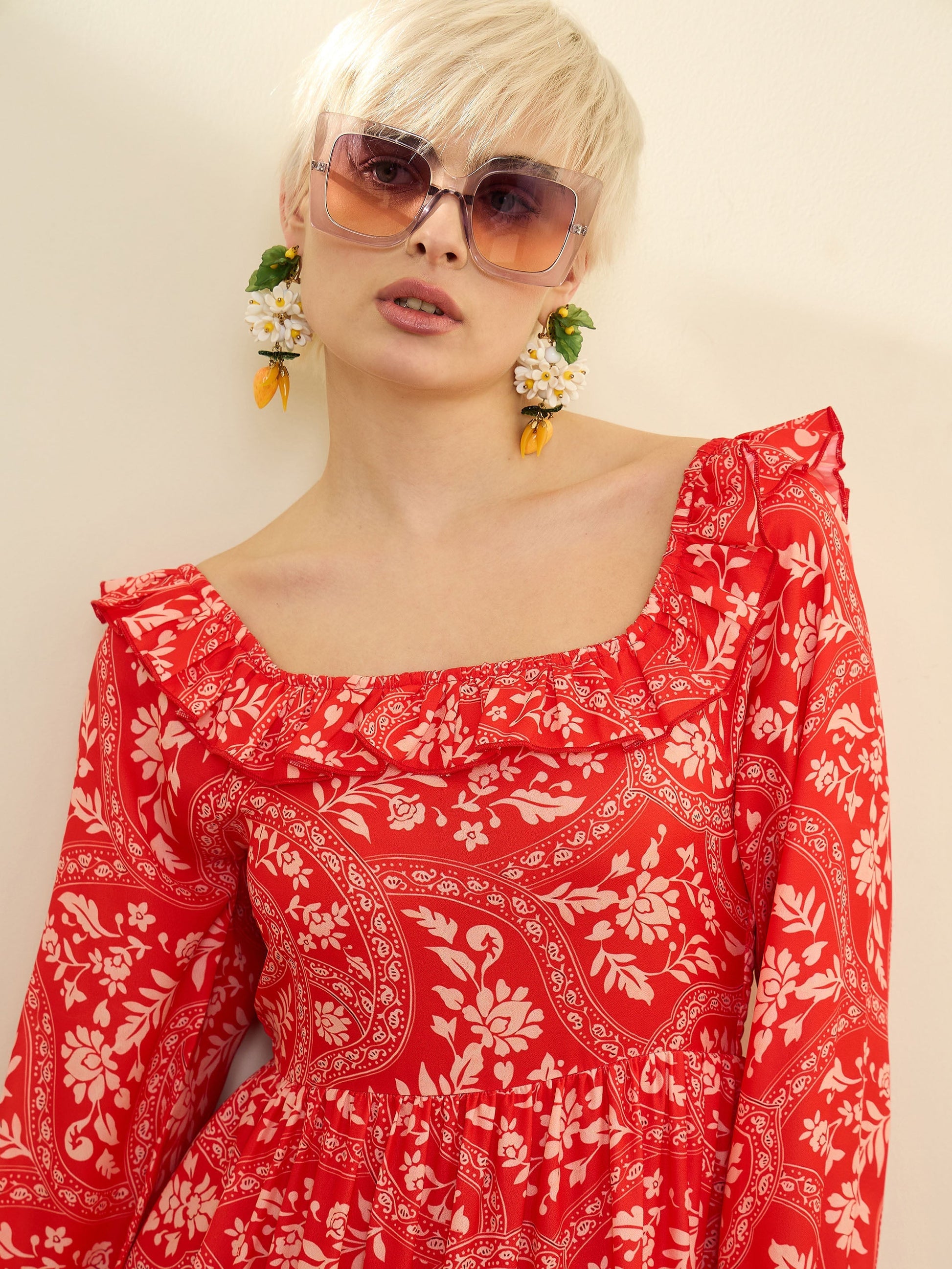 Orange Floral Square Neck Midi Dress SASSAFRAS