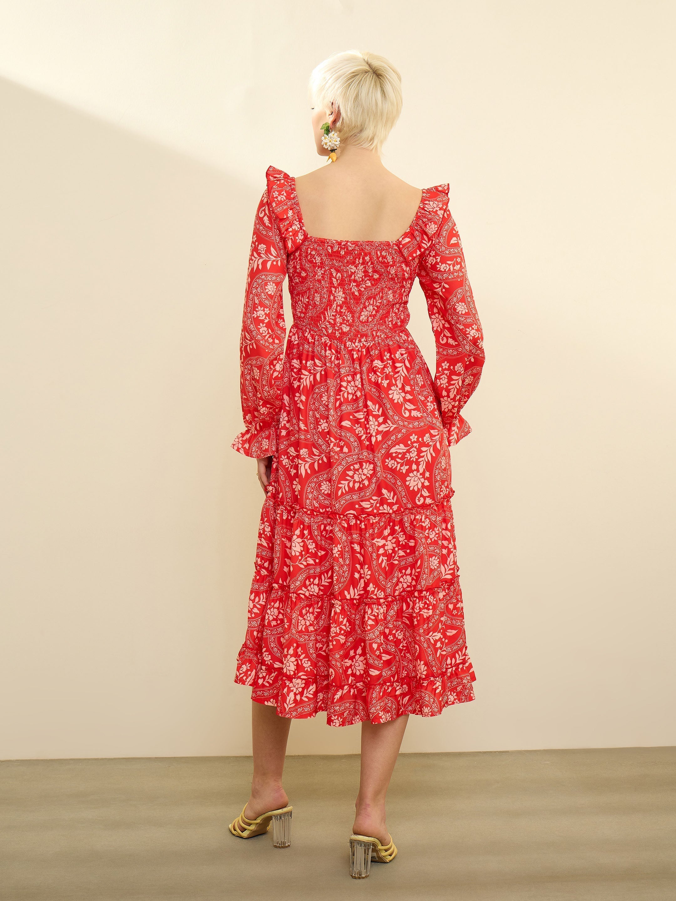 Orange Floral Square Neck Midi Dress SASSAFRAS