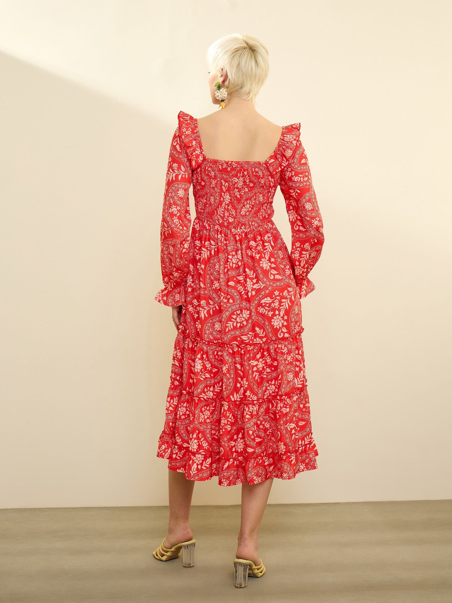 Orange Floral Square Neck Midi Dress SASSAFRAS