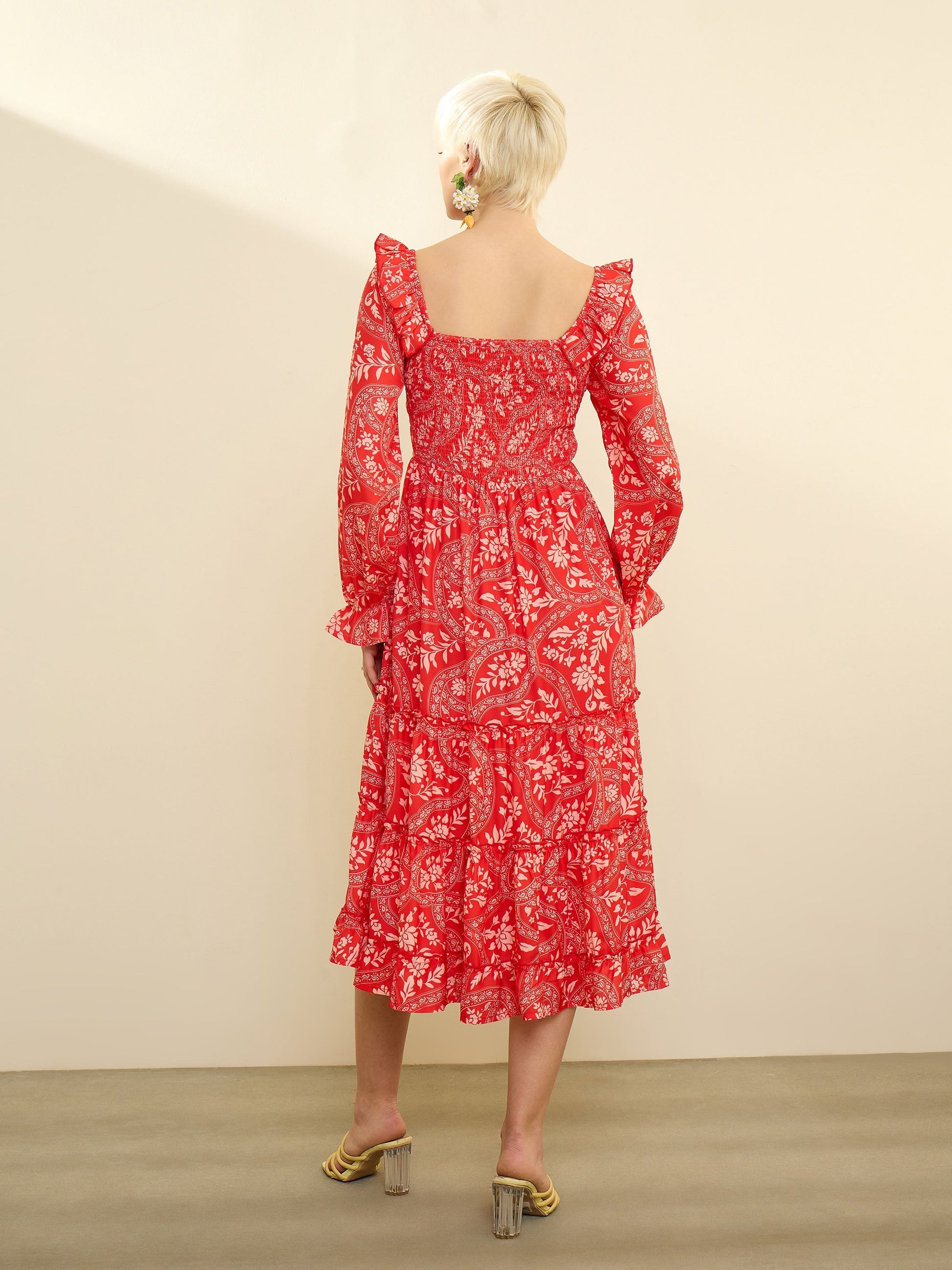 Orange Floral Square Neck Midi Dress SASSAFRAS