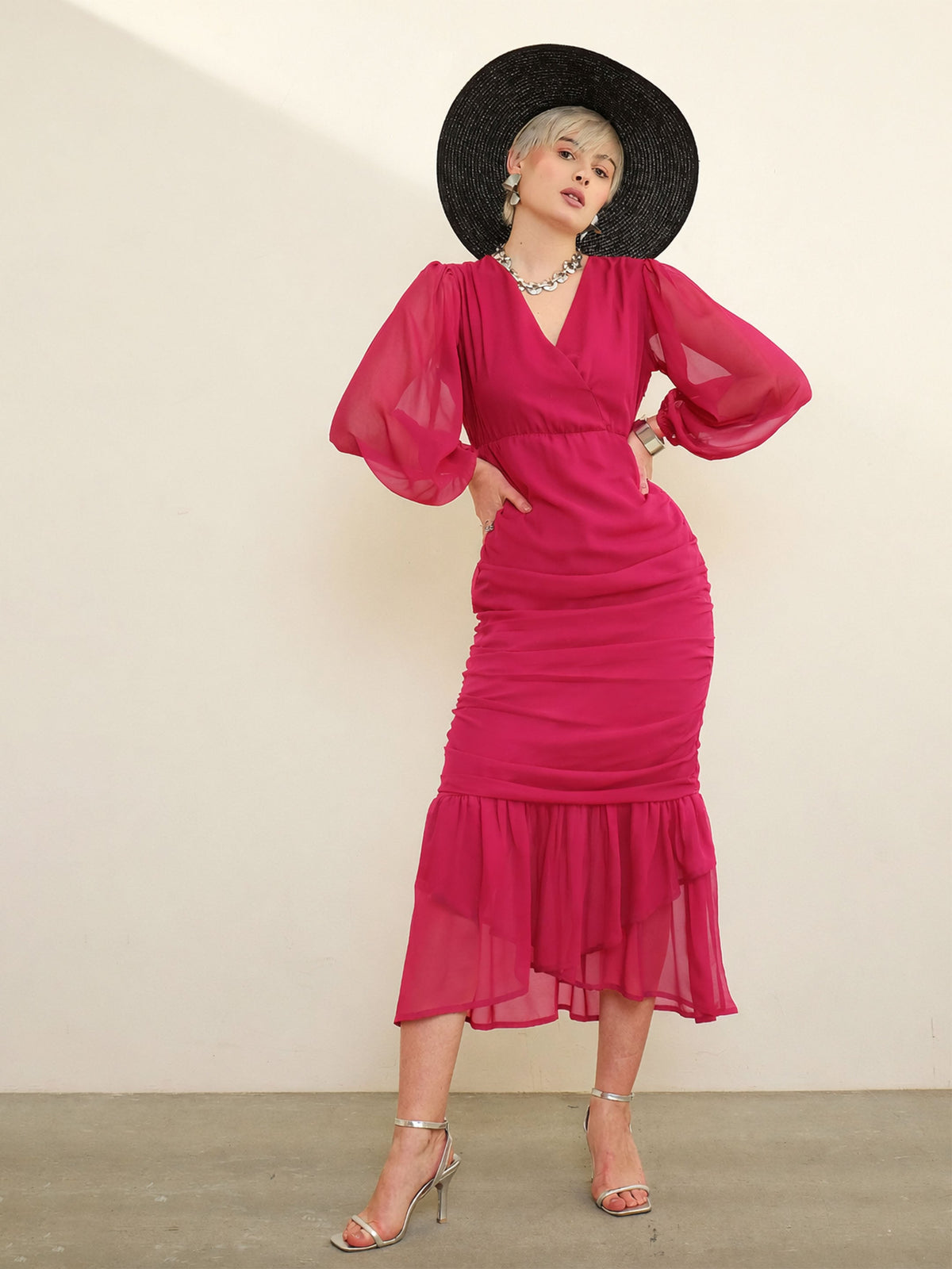 Fuchsia Solid Cowl Hem Midi Dress SASSAFRAS