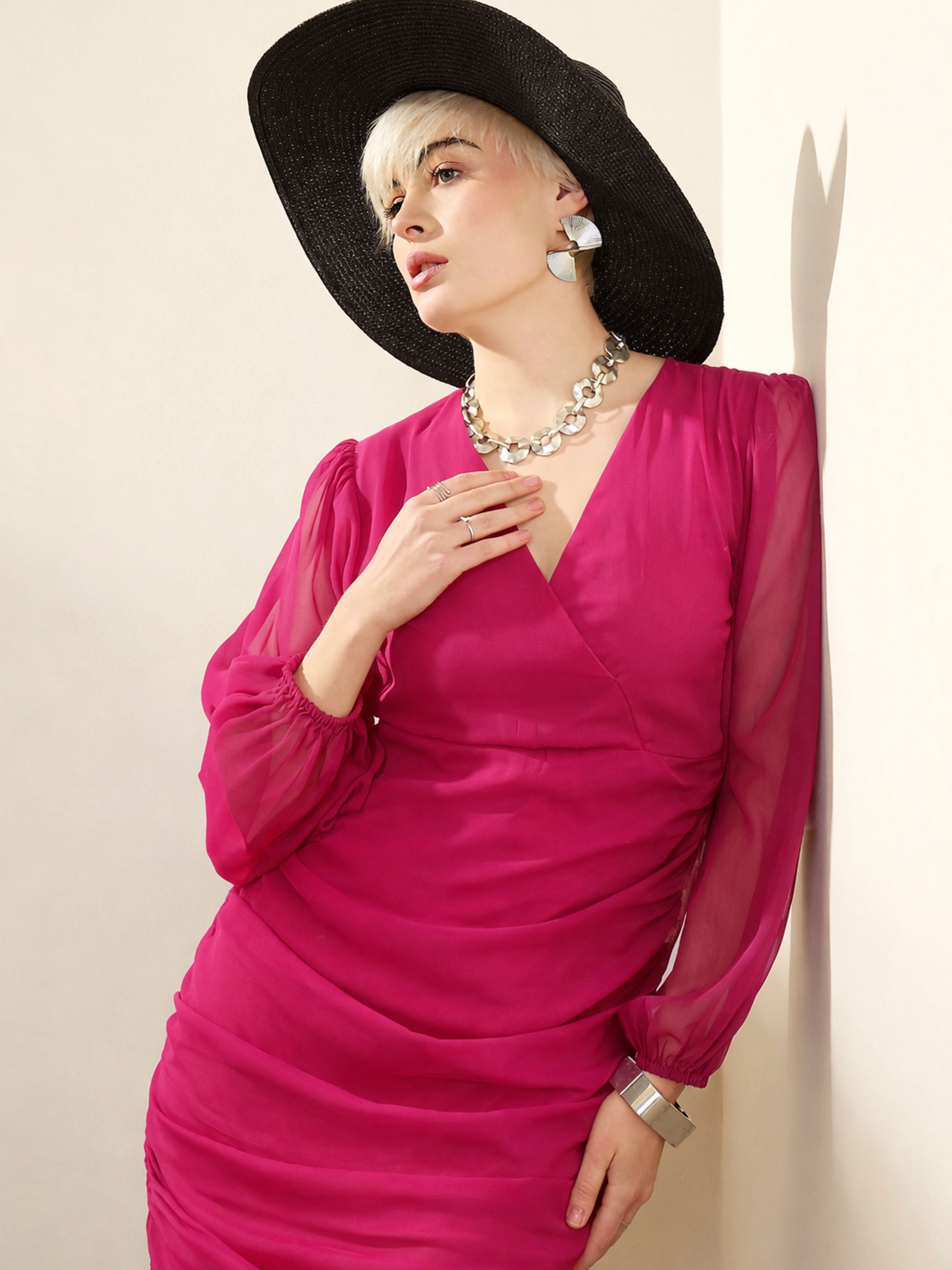 Fuchsia Solid Cowl Hem Midi Dress SASSAFRAS