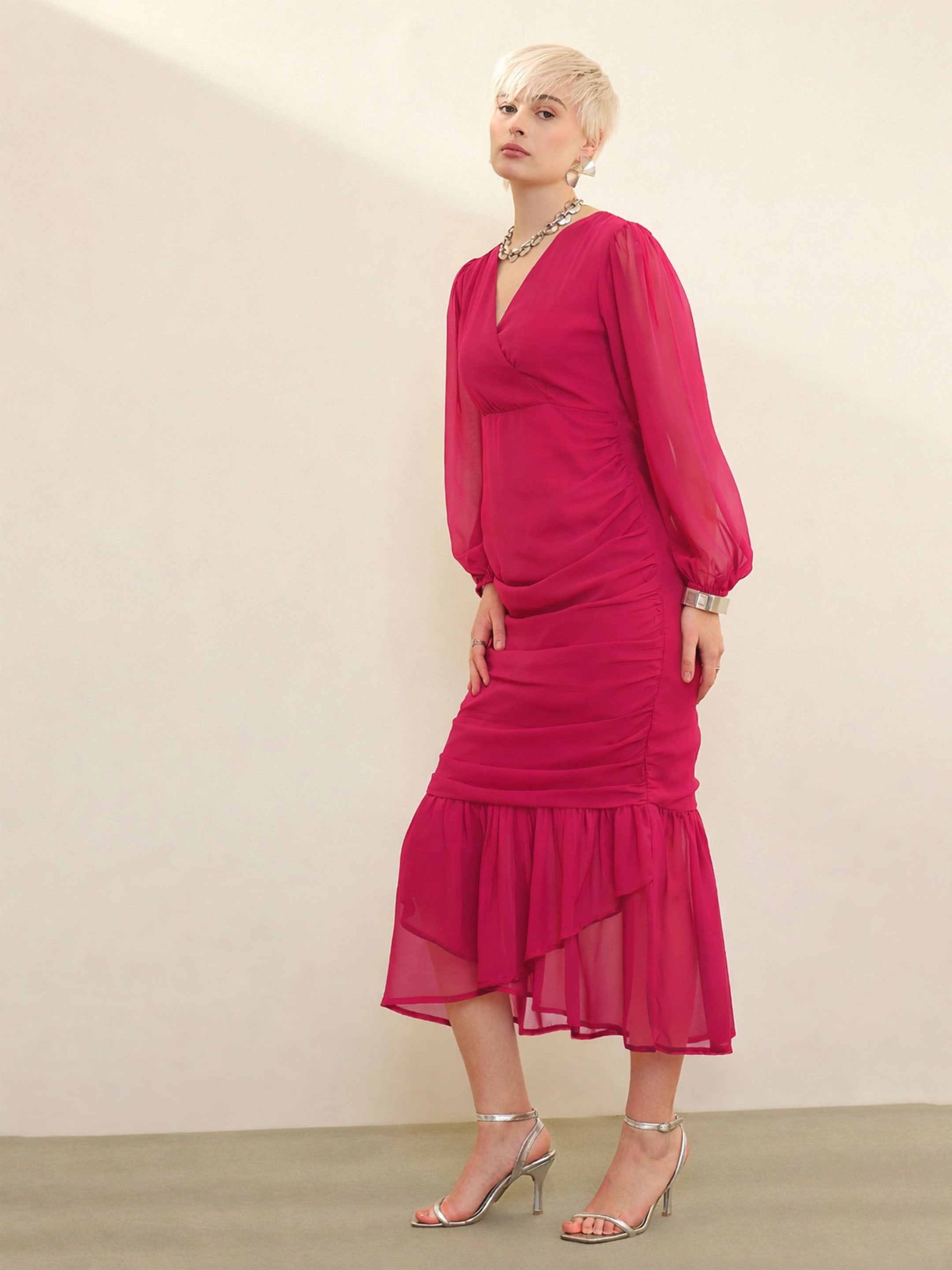 Fuchsia Solid Cowl Hem Midi Dress SASSAFRAS