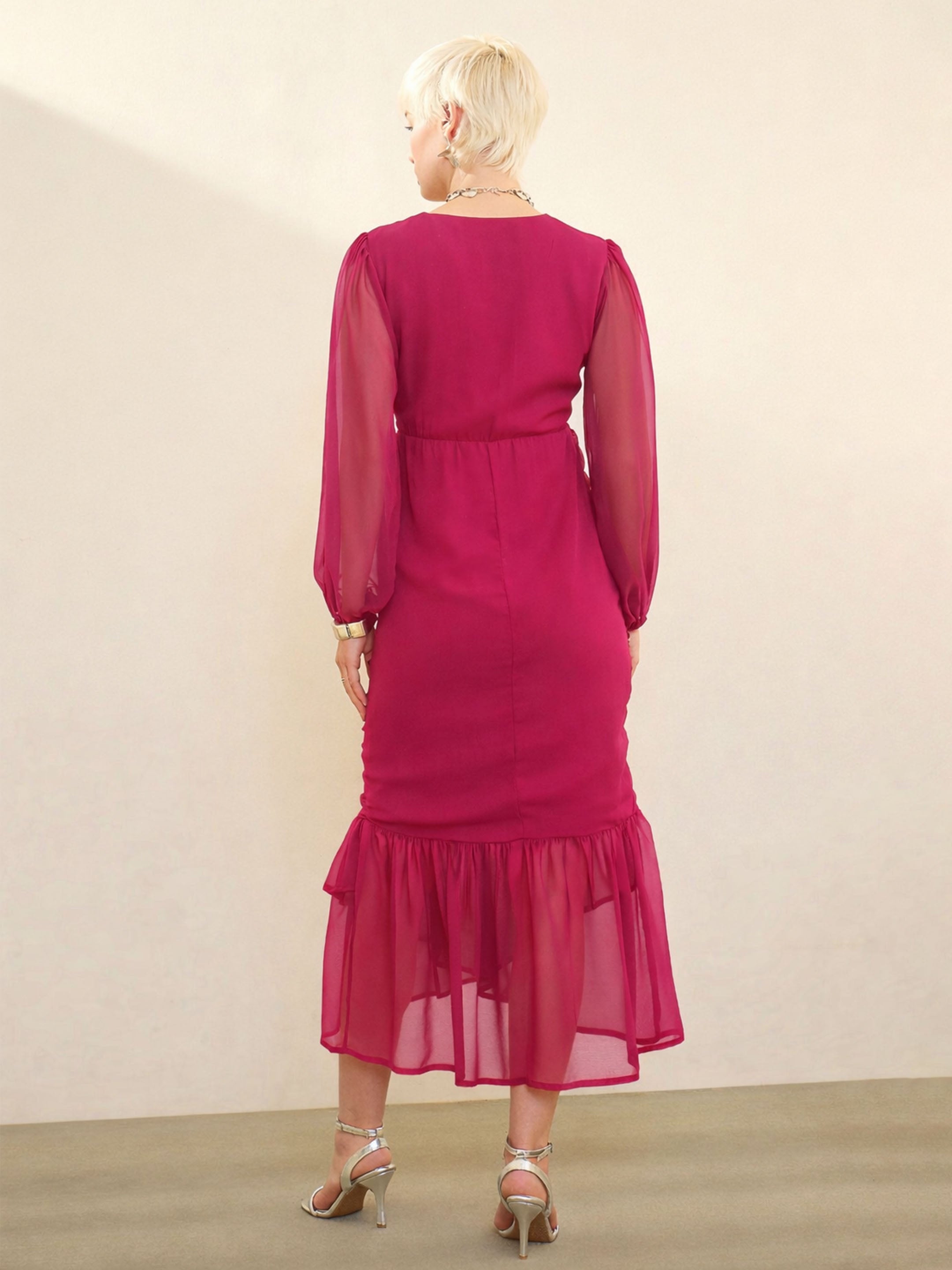 Fuchsia Solid Cowl Hem Midi Dress SASSAFRAS