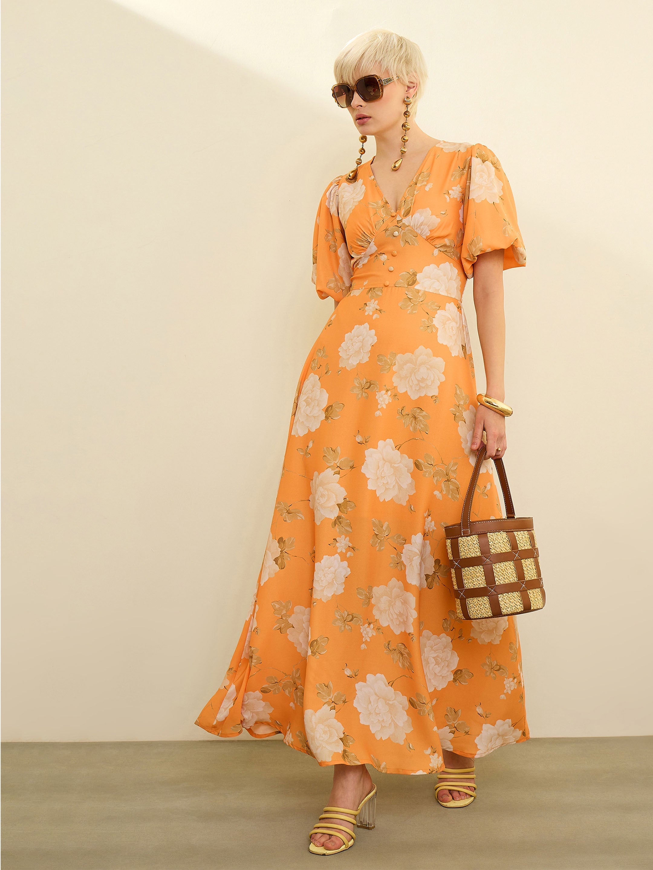 Mustard Floral Balloon Sleeves Maxi Dress SASSAFRAS