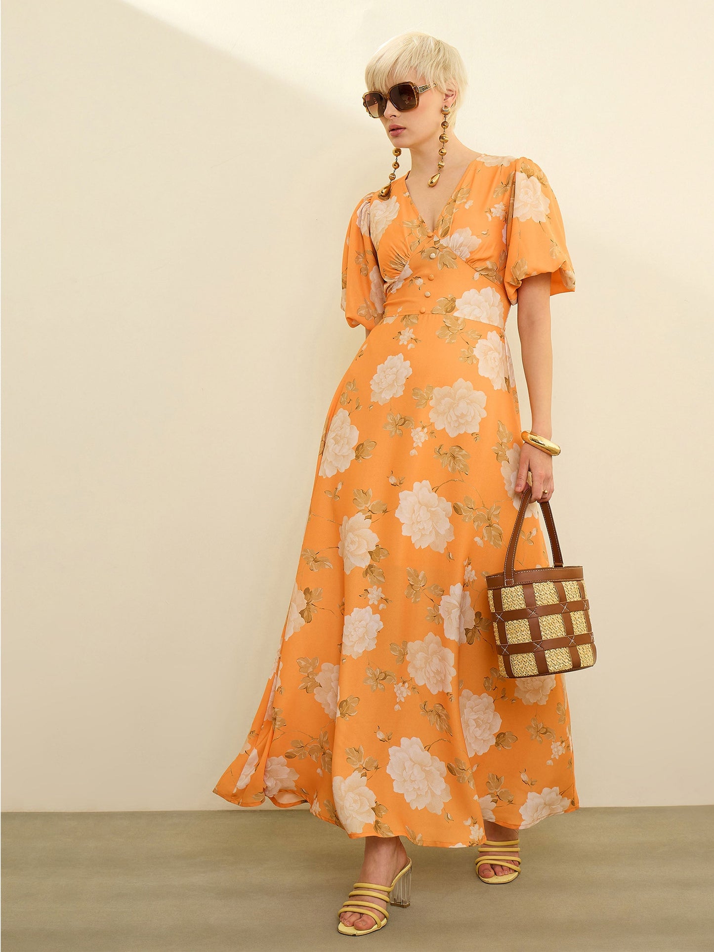 Mustard Floral Balloon Sleeves Maxi Dress SASSAFRAS