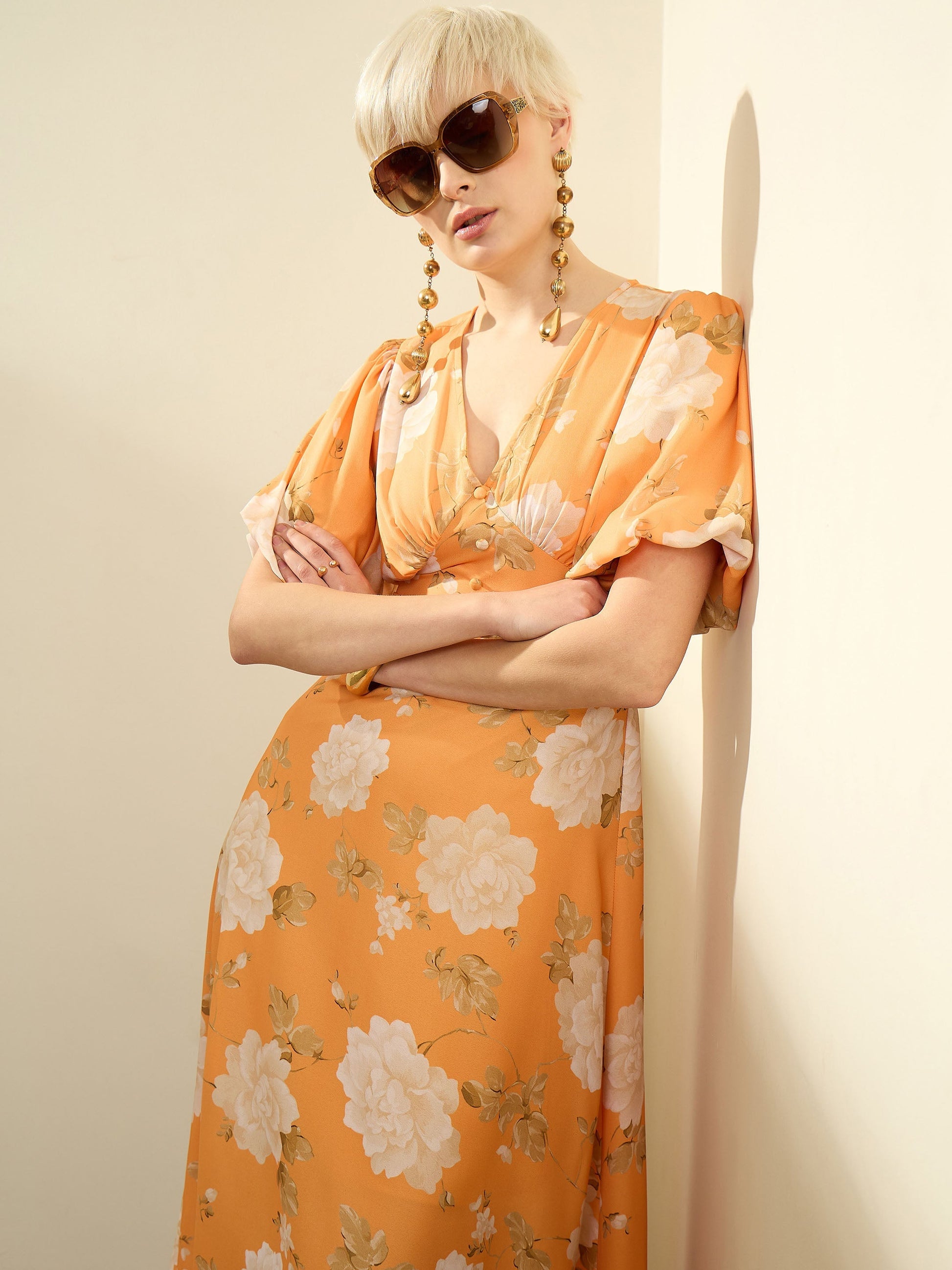 Mustard Floral Balloon Sleeves Maxi Dress SASSAFRAS