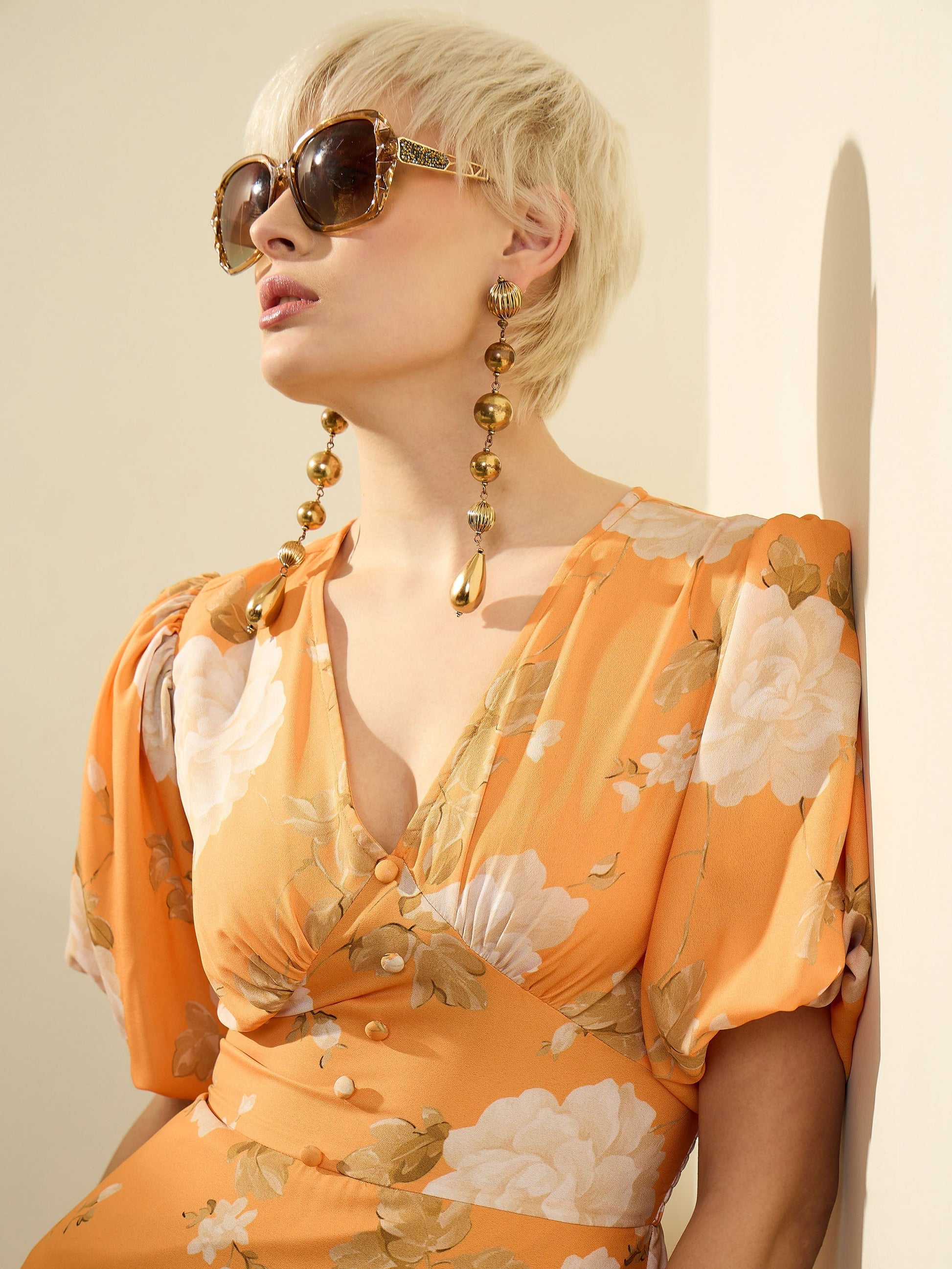 Mustard Floral Balloon Sleeves Maxi Dress SASSAFRAS