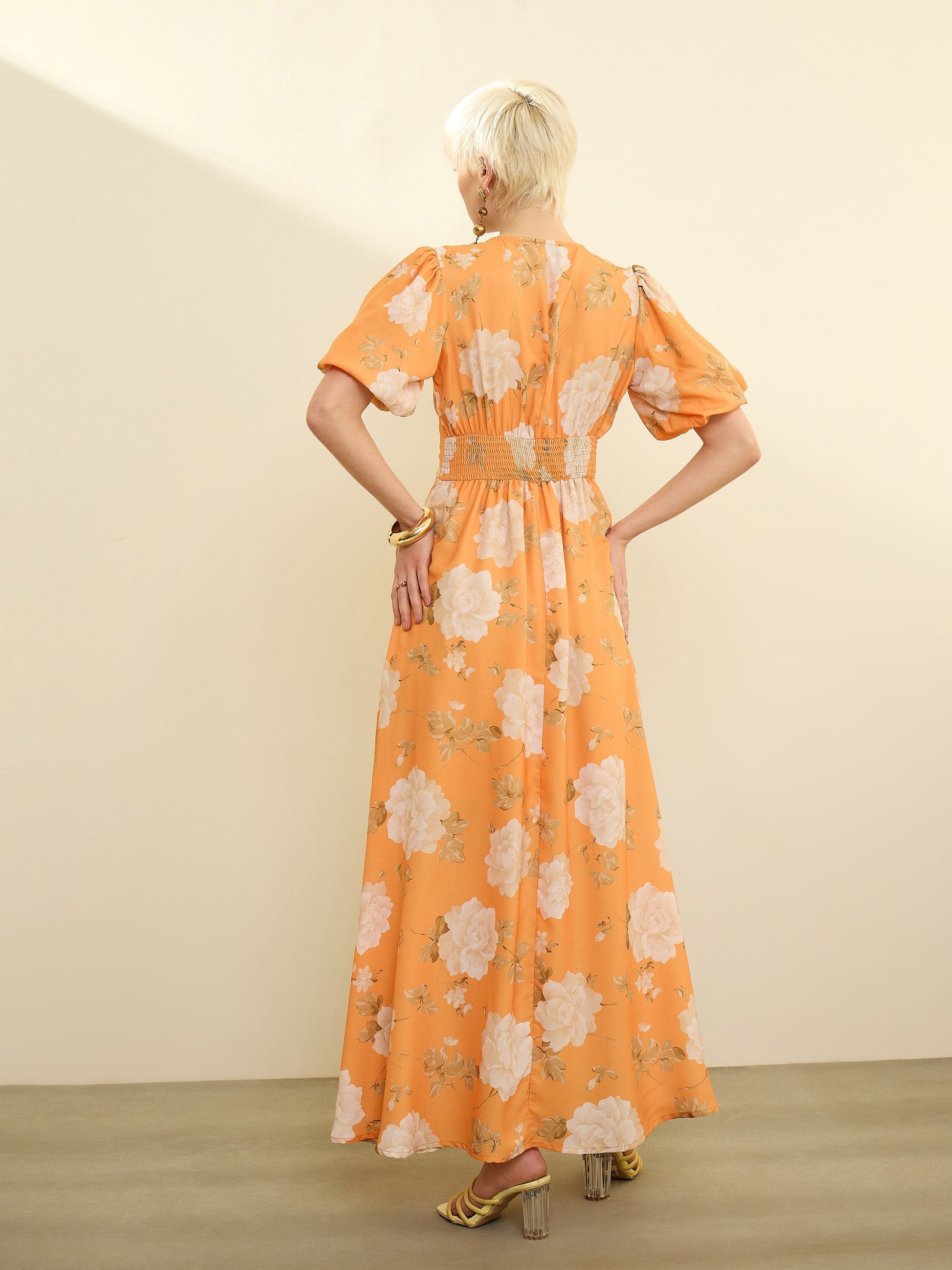 Mustard Floral Balloon Sleeves Maxi Dress SASSAFRAS