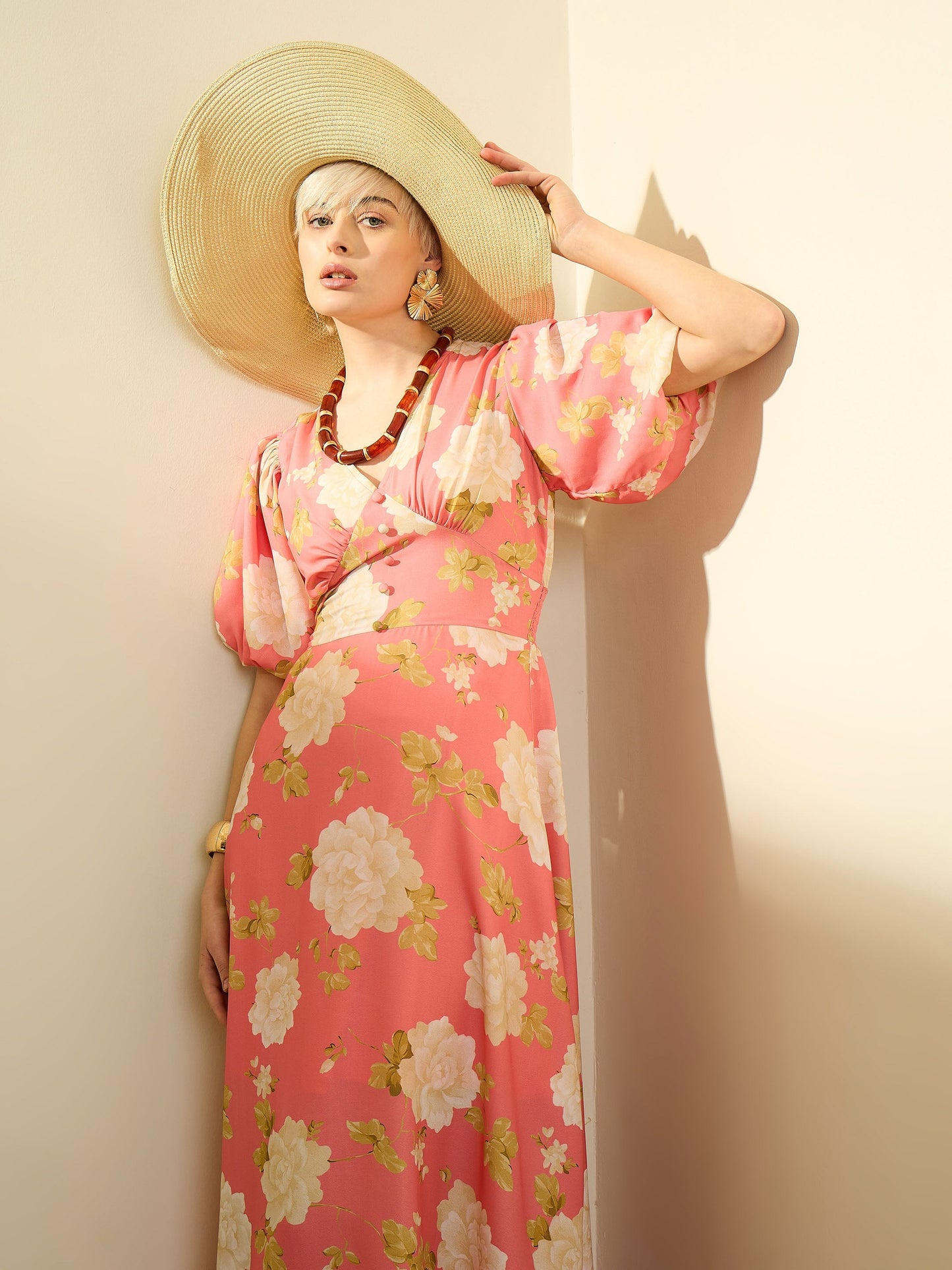 Pink Floral Balloon Sleeves Maxi Dress SASSAFRAS