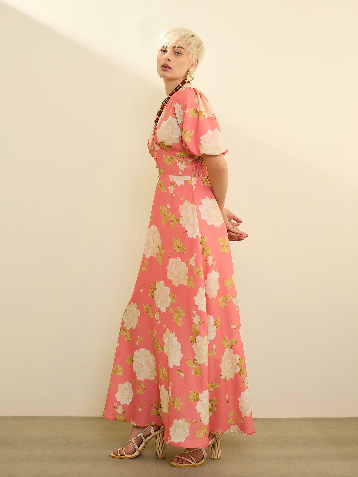Pink Floral Balloon Sleeves Maxi Dress SASSAFRAS
