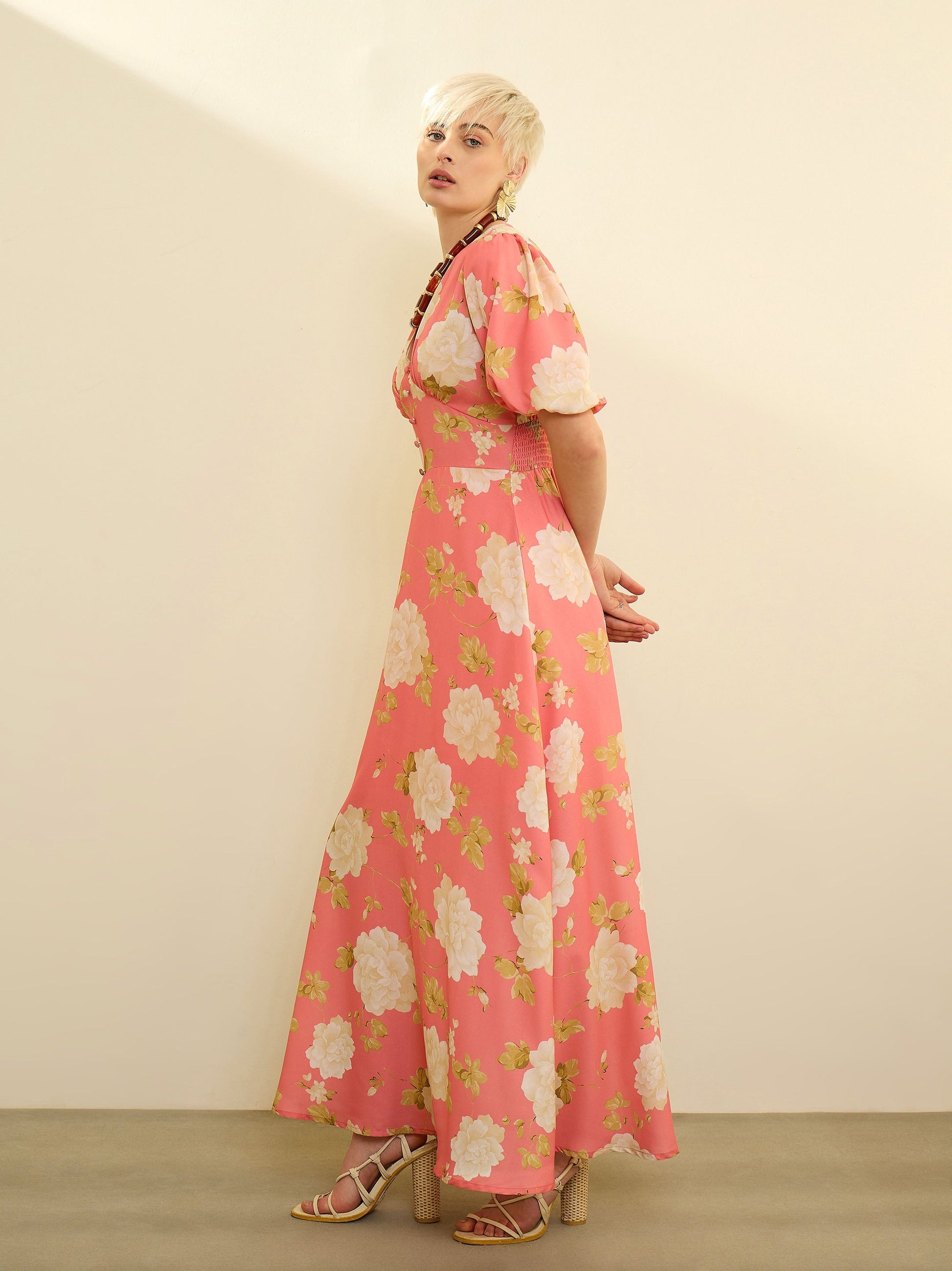 Pink Floral Balloon Sleeves Maxi Dress SASSAFRAS